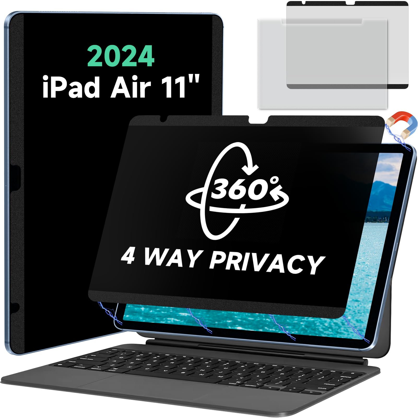 Magnetic 360° Privacy Screen for iPad Air 11 inch M2/M3/M4 (6/7/8th Gen，2024/2025/2026) Case Friendly Blue light Blocker Anti-glare Eye Strain Filter,