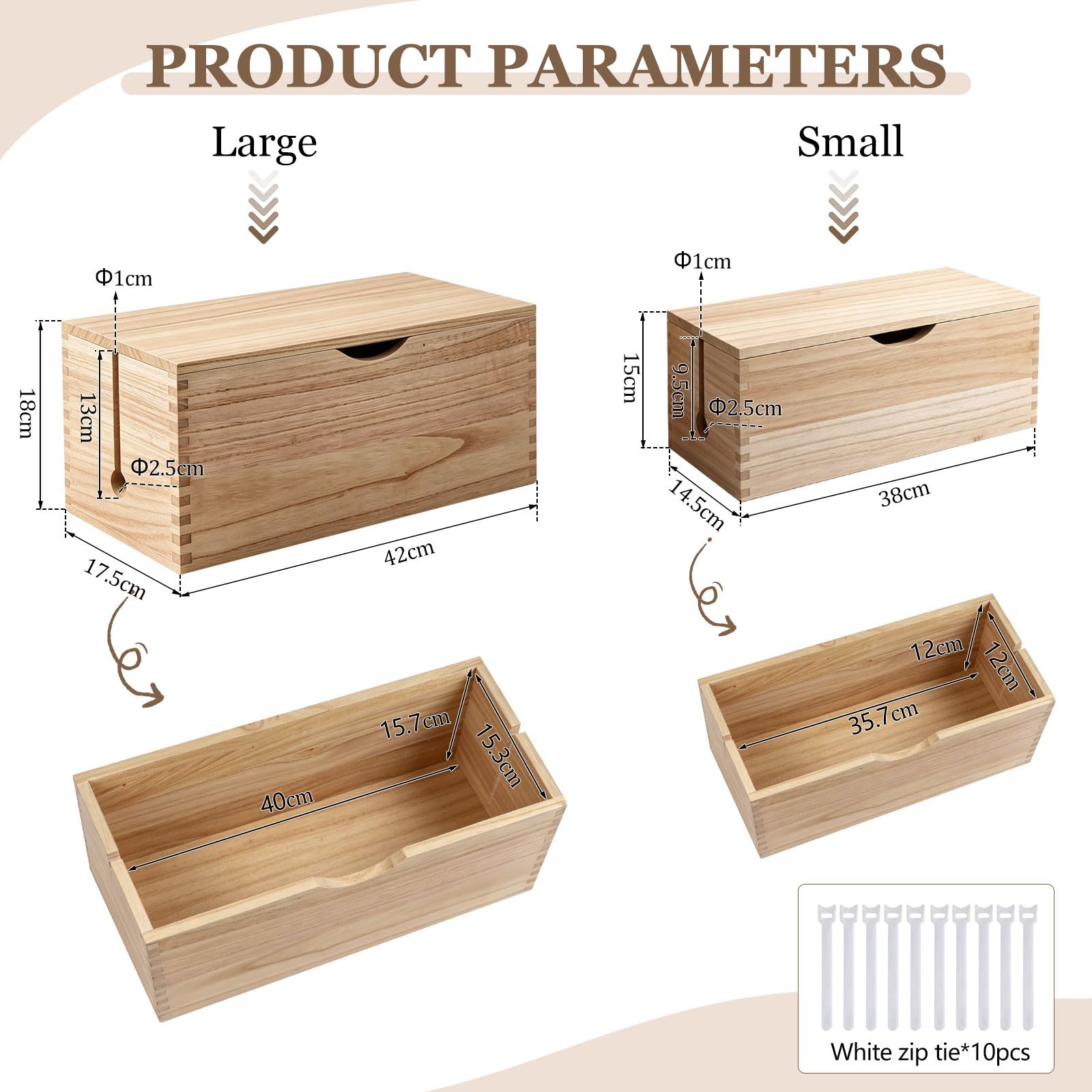 2 PCS Caja Organizadora Cables Madera con Velcro, Esconder Cables y Regletas, Caja Recoge Cable Escritorio, Grande et Pequefia, Cable Management Box, Ocultar, Natural