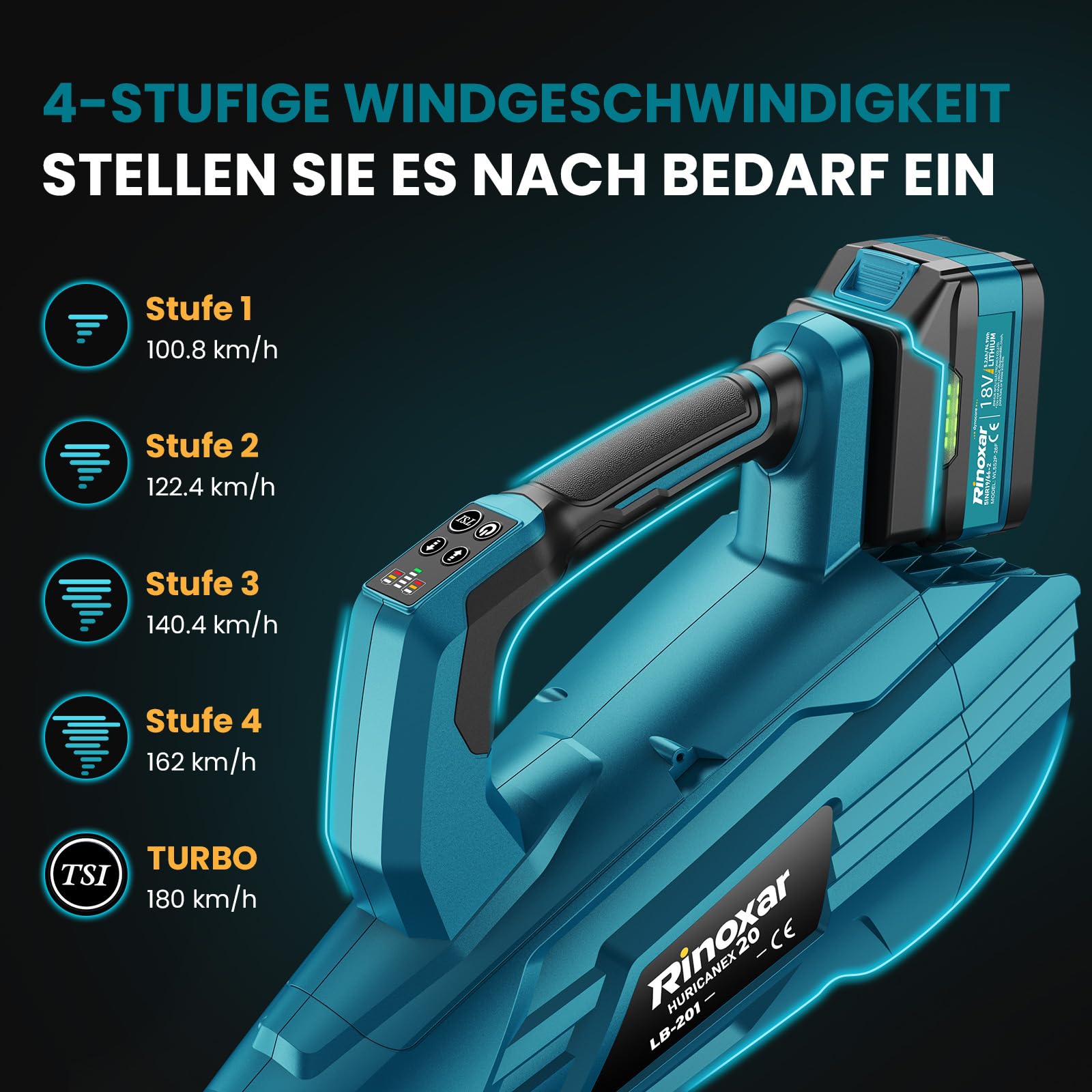 Akku Laubbläser, 5-Gang Kabelloser Elektrischer Laubbläser Bürstenlosem Motor mit 2X 5.2Ah/18V Batterien, 35000 U/min, Luftgeschwindigkeit 180 km/h, Luftdurchsatz 800 m³/h, 2 Wechselbare Düsen
