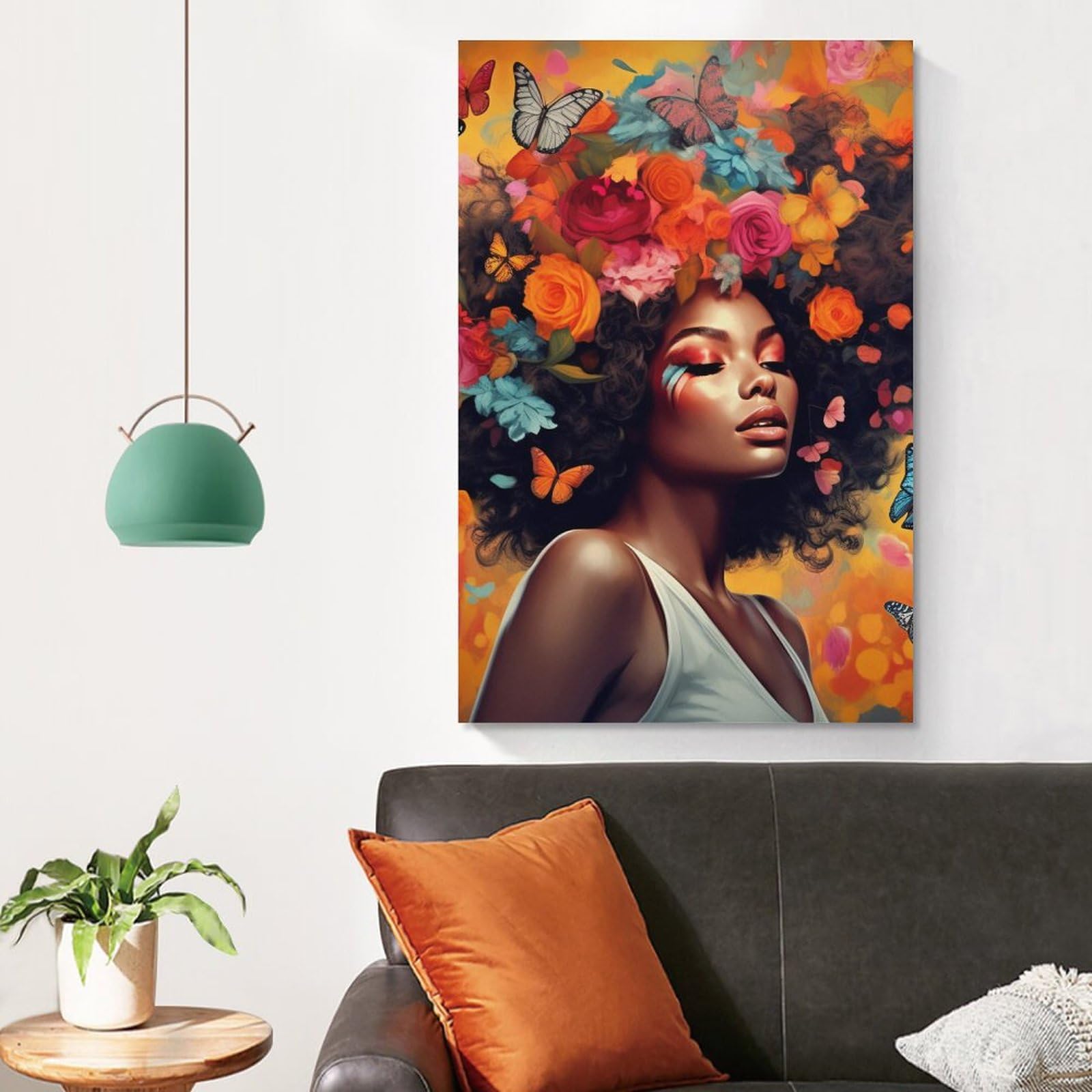 LZIMU Stampa afroamericana su tela Dipinti di fiori di donne nere Astratta Ragazza africana Decorazione murale Manifesti di farfalle di fattoria (A, 30.00 x 45.00 cms