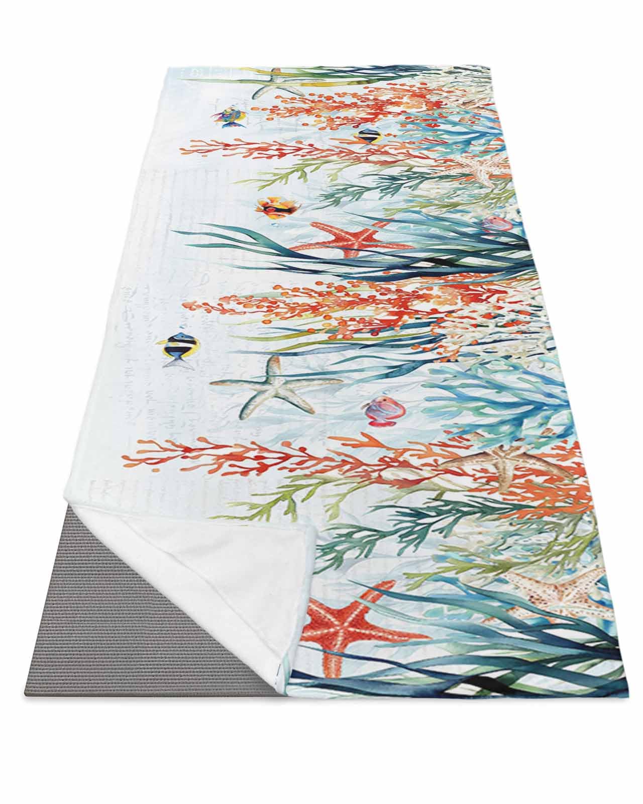 BOSIJOY Yoga Mat Towel,Summer Watercolor Ocean Coral Non Slip Sweat Absorbent Hot Yoga Towels with Corner Pockets,Marine Life Starfish Seaweed Soft Microfiber Towel for Pilates Bikram 74