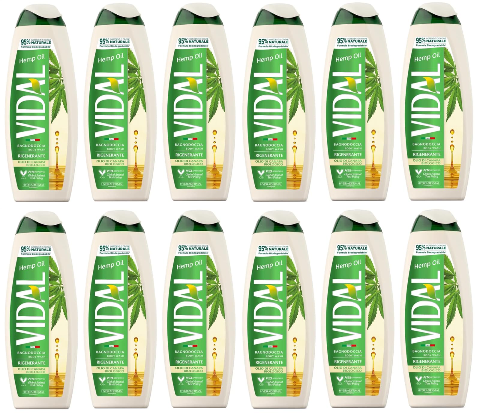 Vidal Bagnodoccia Lot de 12 flacons de gel douche Olio di Canapa Biologico, mousse de douche à l'huile de chanvre bio 500 ml