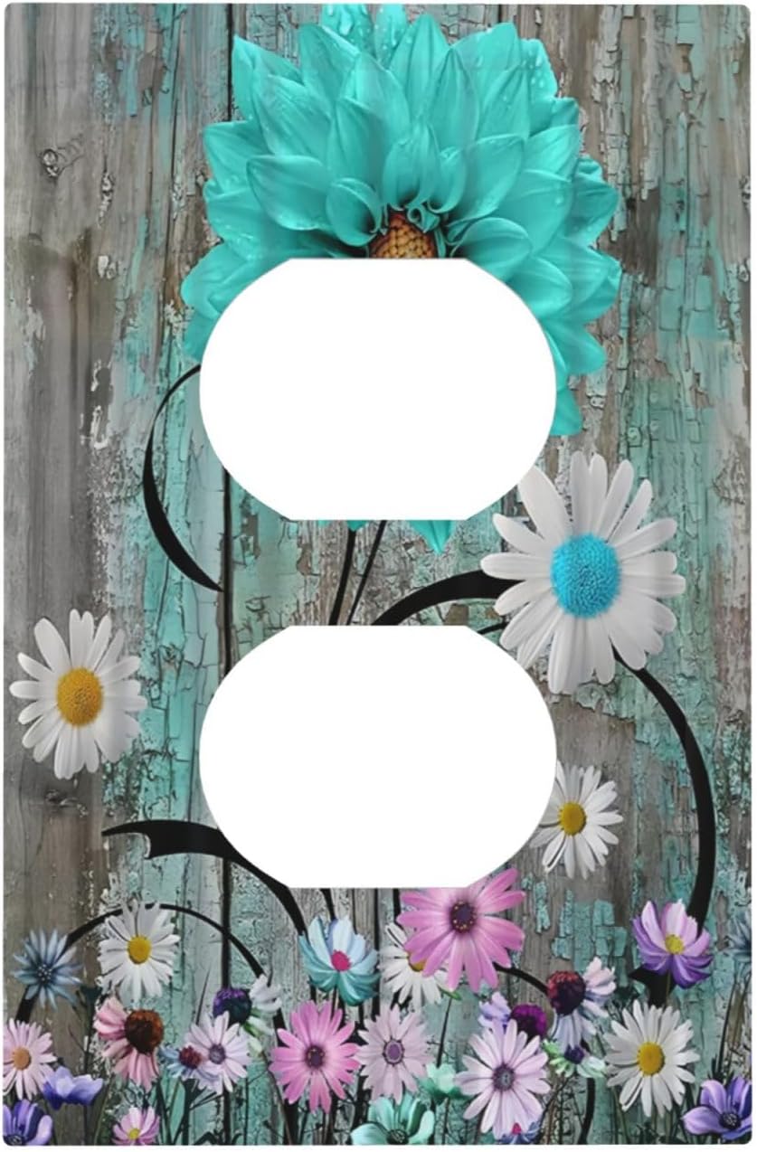 Rustic Teal Daisy Floral Duplex Outlet Covers Country Turquoise Flowe Wood Light Switch Cover Decorative Wall Plate Electrical Switch Plate Receptacle Faceplate for Kitchen Bathroom 5" x 3"