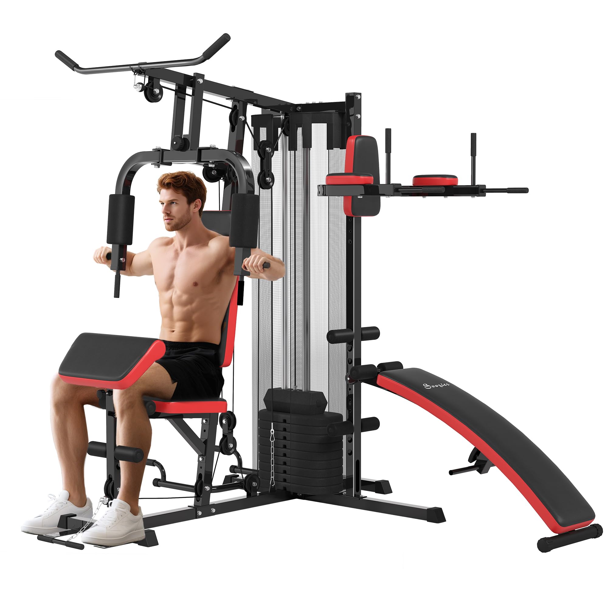SPORTNOW Máquina Multiestación Musculación para Casa Ajustable Multiestación de Musculación con Placas de Peso 45 kg para Fitness Entrenamiento en Gimnasio Hogar 225x175x200 cm Negro
