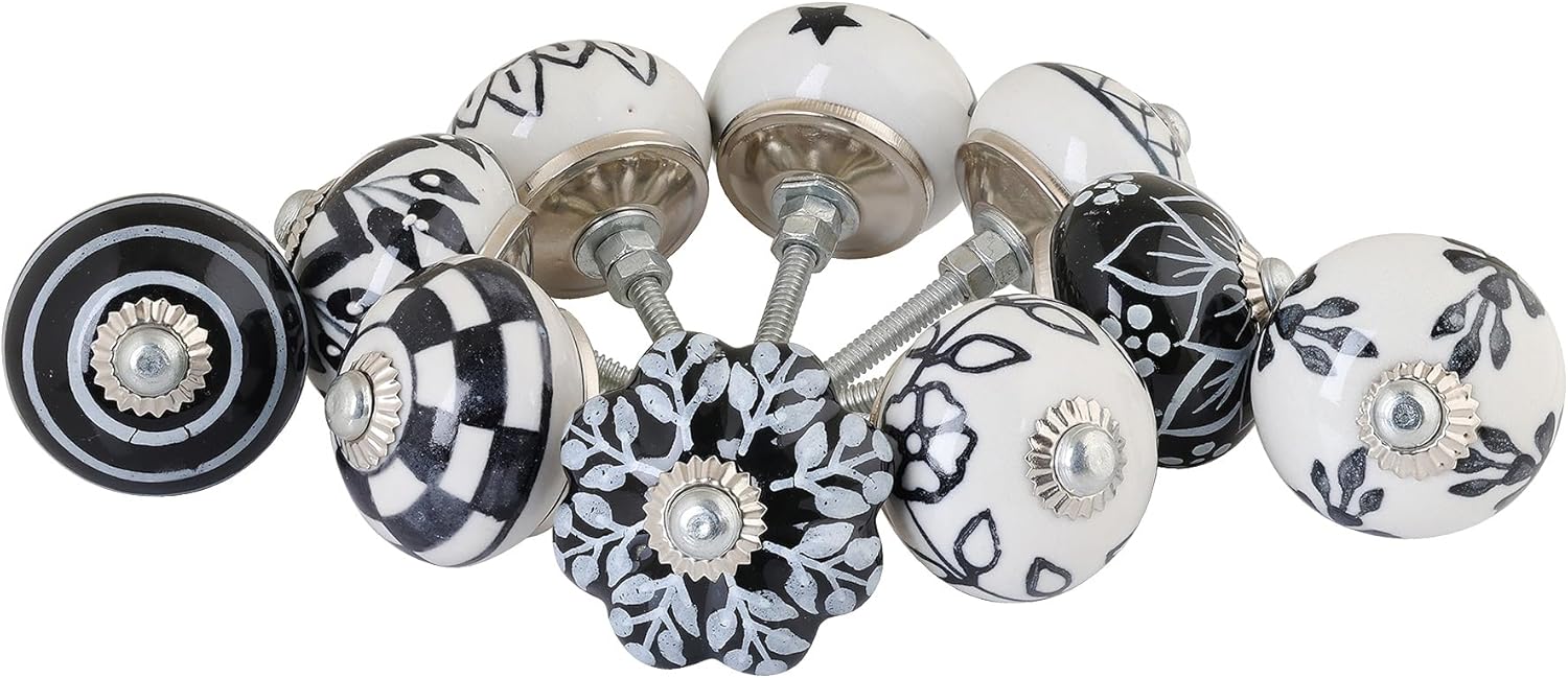 Set of 10 Black & White Vintage Ceramic Knobs | Modern Drawer Knobs | Trendy Cabinet Door Knobs | Simple Hardware for Kitchen, Bathroom Cabinets & Dressers | Stylish Pulls