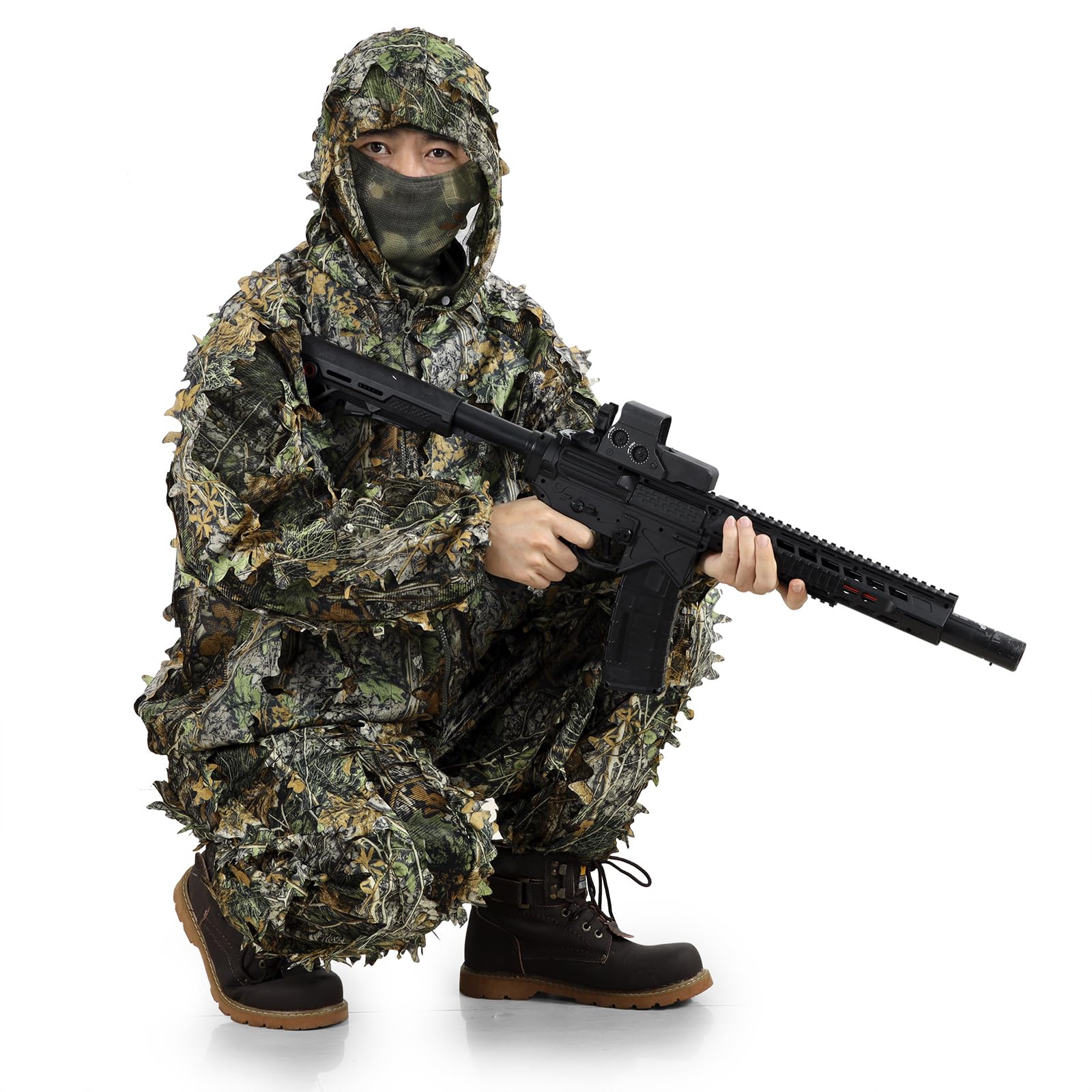 PELLOR 3D Ghillie Tarnanzug, Regenponcho Ghillie Suit Camouflagemit Tarnkleidung Geeignet zum Verstecken von Spielen, Outdoor, Jagen