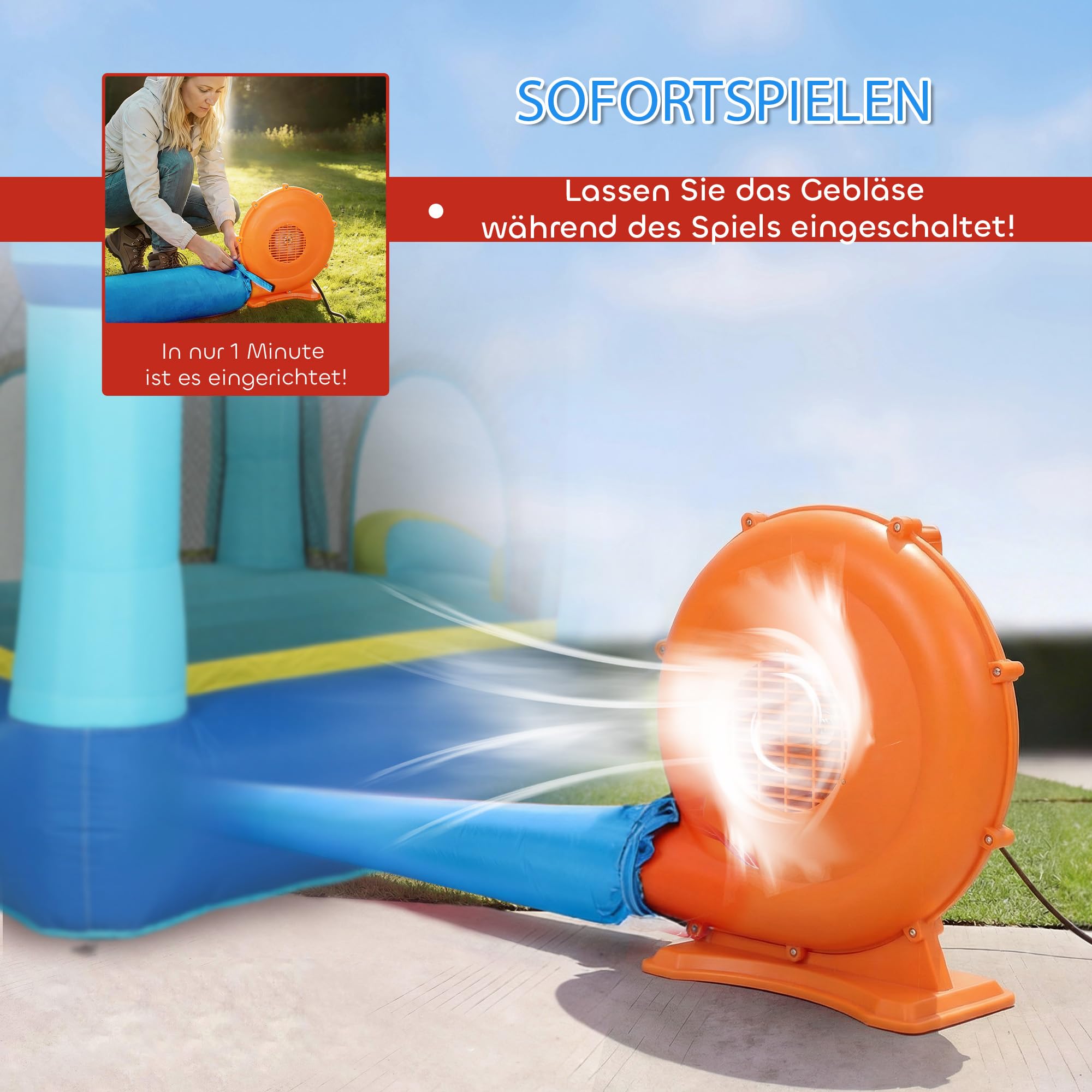 AIYAPLAY Hüpfburg mit Gebläse Aufblasbar Spielcenter mit Rutsche Trampolin Planschbecken/Bällebad Basketballkorb Wasserpistole Bouncy Castle für 3-8 Jahre Kinder für Indoor & Outdoor 364x173x182 cm