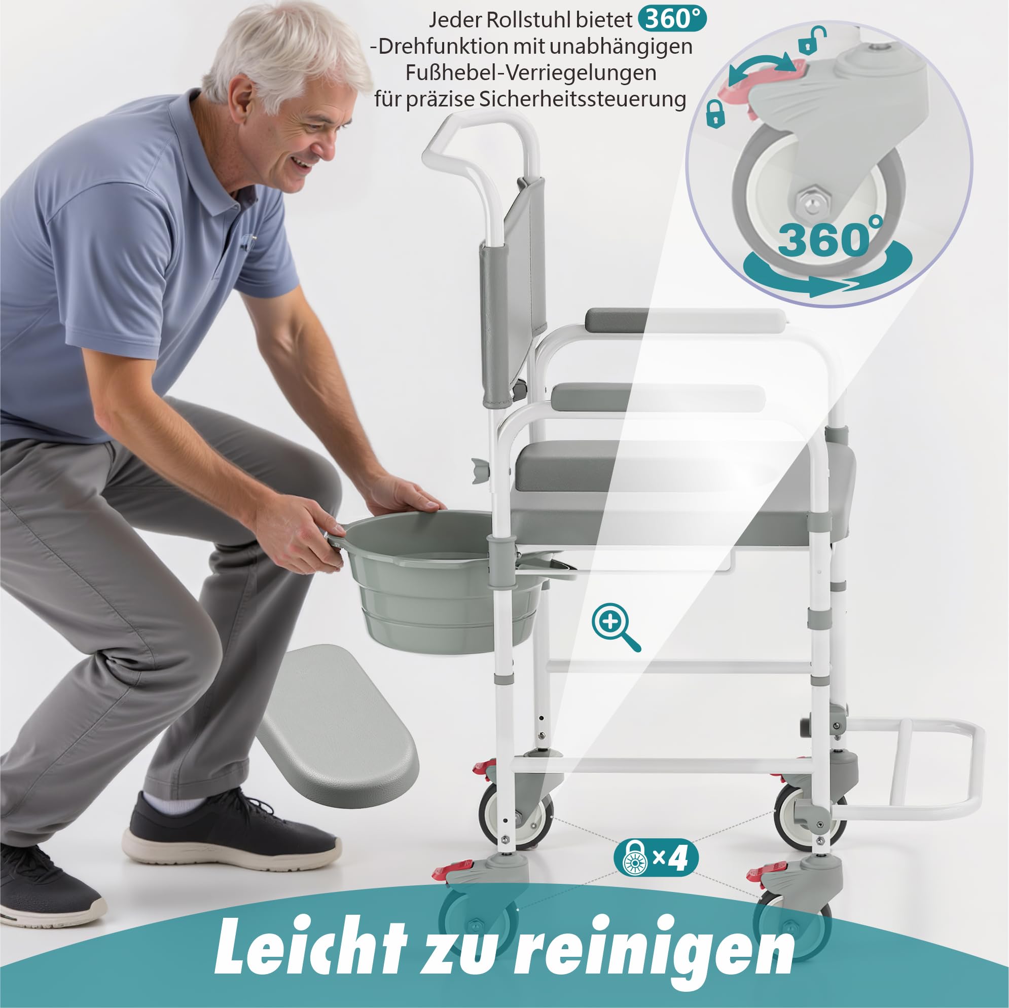 Toilettenrollstuhl & Duschstuhl 3-in-1 – Belastbar bis 120 kg – Mobiler WC-Stuhl mit Eimer & Fußstützen – Ideal für Senioren & Menschen mit Behinderung - Sicherer Nachtstuhl für Bad