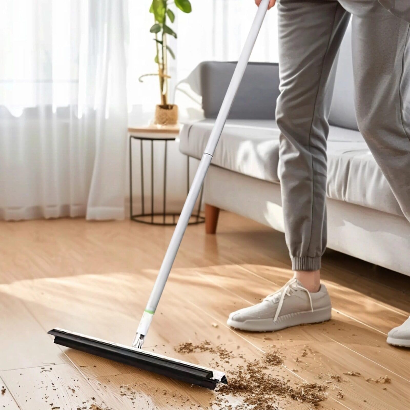 Chewtoyo Multi-Blade Floor Squeegee Broom, Heavy Duty Floor Squeegee with Extension Poles, 3-Piece Rubber Blade Scrubber, Ideal for Concrete, Tile, Wood Floors, Windows, and Pet Hair Removal, Silver