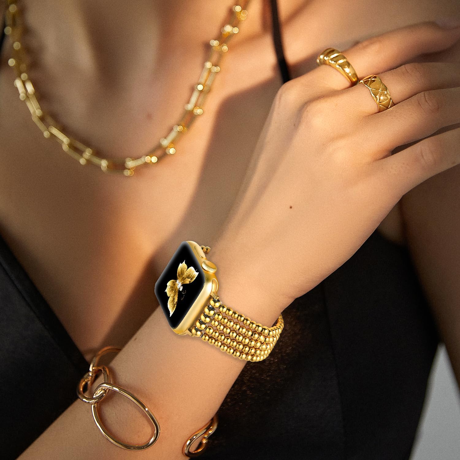 fastgo Gold Beaded Bracelet Band Compatible with Apple Watch Band 41mm/40mm/38mm/44mm/45mm/42mm/49mm Women, Dressy Elastic Stretchy Beaded Strap for Iwatch Series 9 Ultra 8 7 6 5 4 3 2 1 SE(Gold) - Image 6