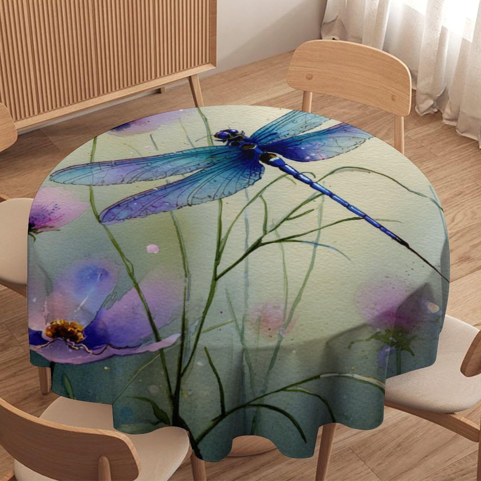 LUYYSKY Beautiful Modern Animal Dragonfly Round Tablecloth Colorful Romantic Spring Garden Floral Dragonflies Pattern Washable Decor for Table Cover for Kitchen-152.4" Wx152.4 L cm