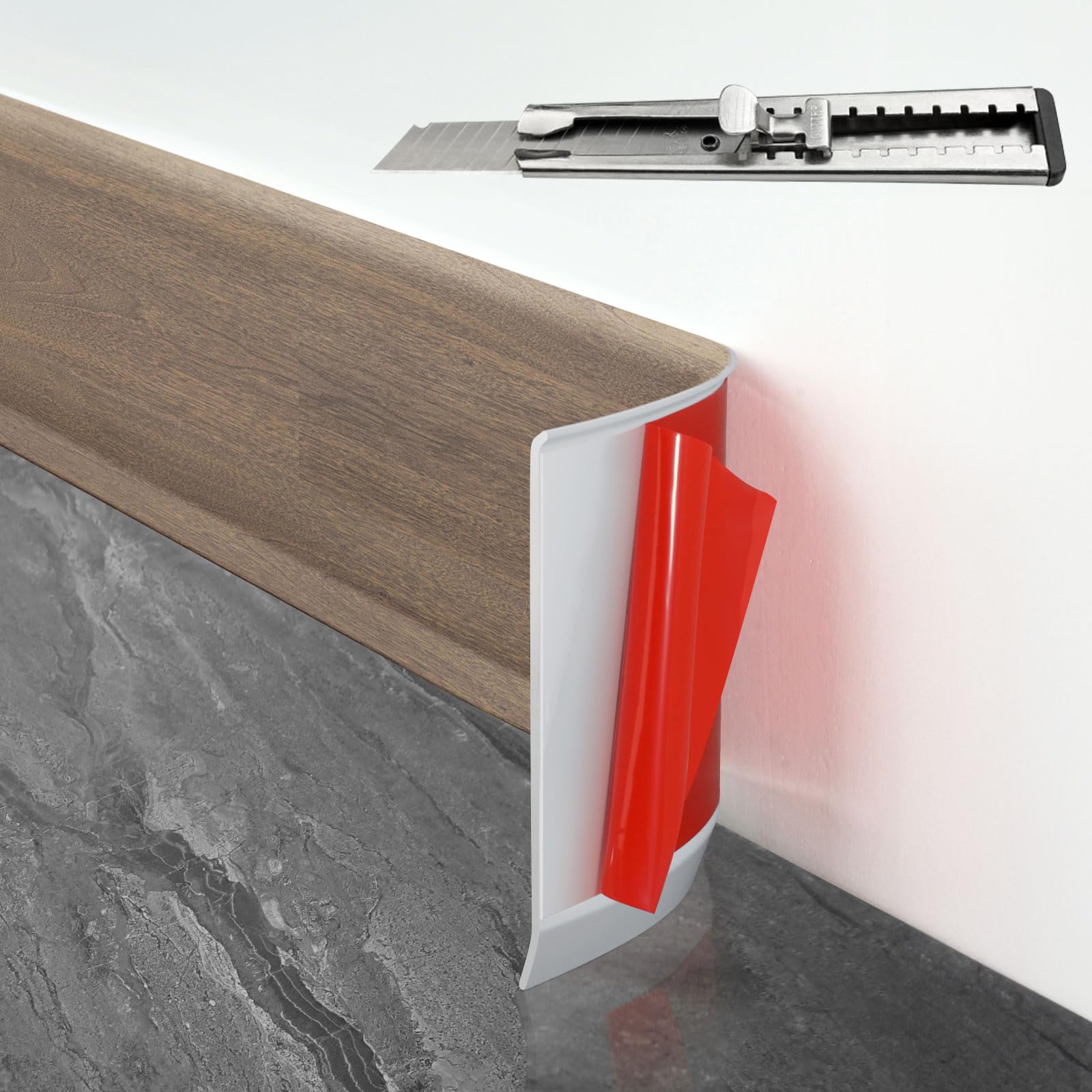 Baseboard Trim,4 Inch(W) x 20 Feet(L) Peel and Stick Flexible Baseboard Molding Trim, Self Adhesive Vinyl Baseboard Cove Base, Base Boards for Walls with Utility Knife,Brown Wood Grain