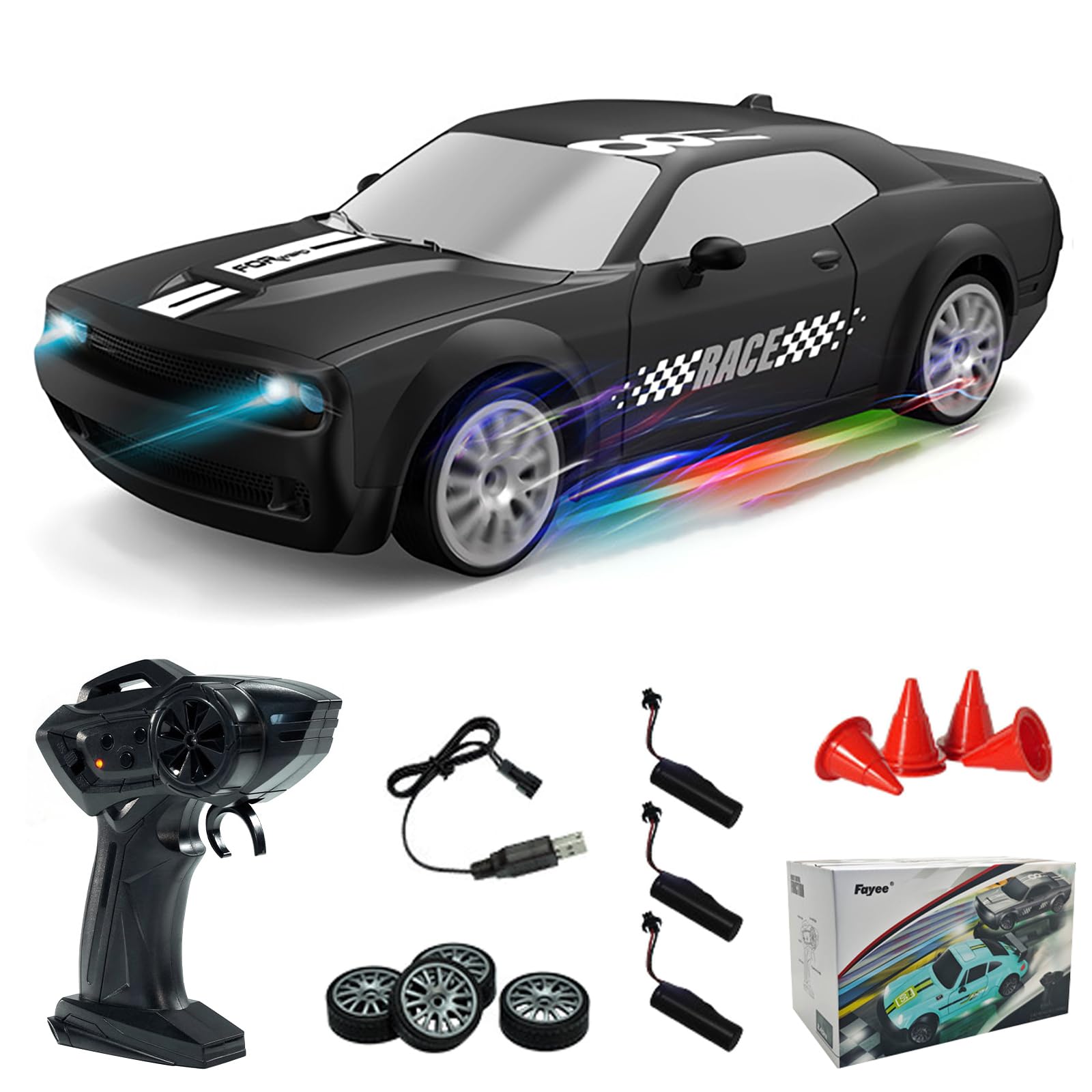 Hylukon 1:20 RC Drift Car, 2.4GHz High Speed 20KM/H Racing Vehicle with 4WD Drifting Tires and LED Lights, Electric Toy Car Vehicle Gifts for Teens Teens