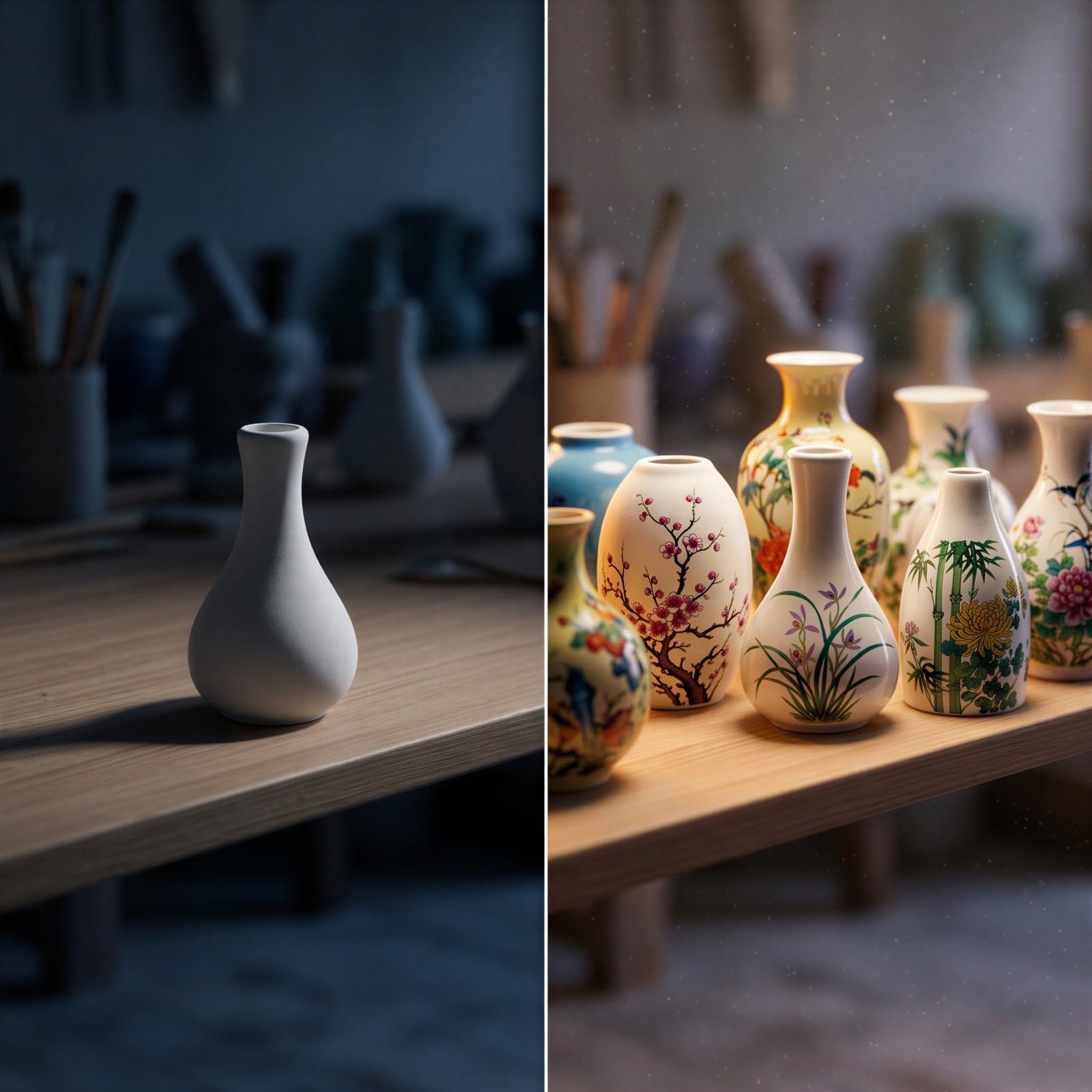 Deskium 2 Sets Vasen zum Bemalen, 9,3 cm Keramik Malset, 4 Stilrichtungen, unbemalte weiße Keramikvasen mit Farben und Pinseln, DIY Bastelzubehör für Wohndeko, kreative Projekte und Partygeschenke
