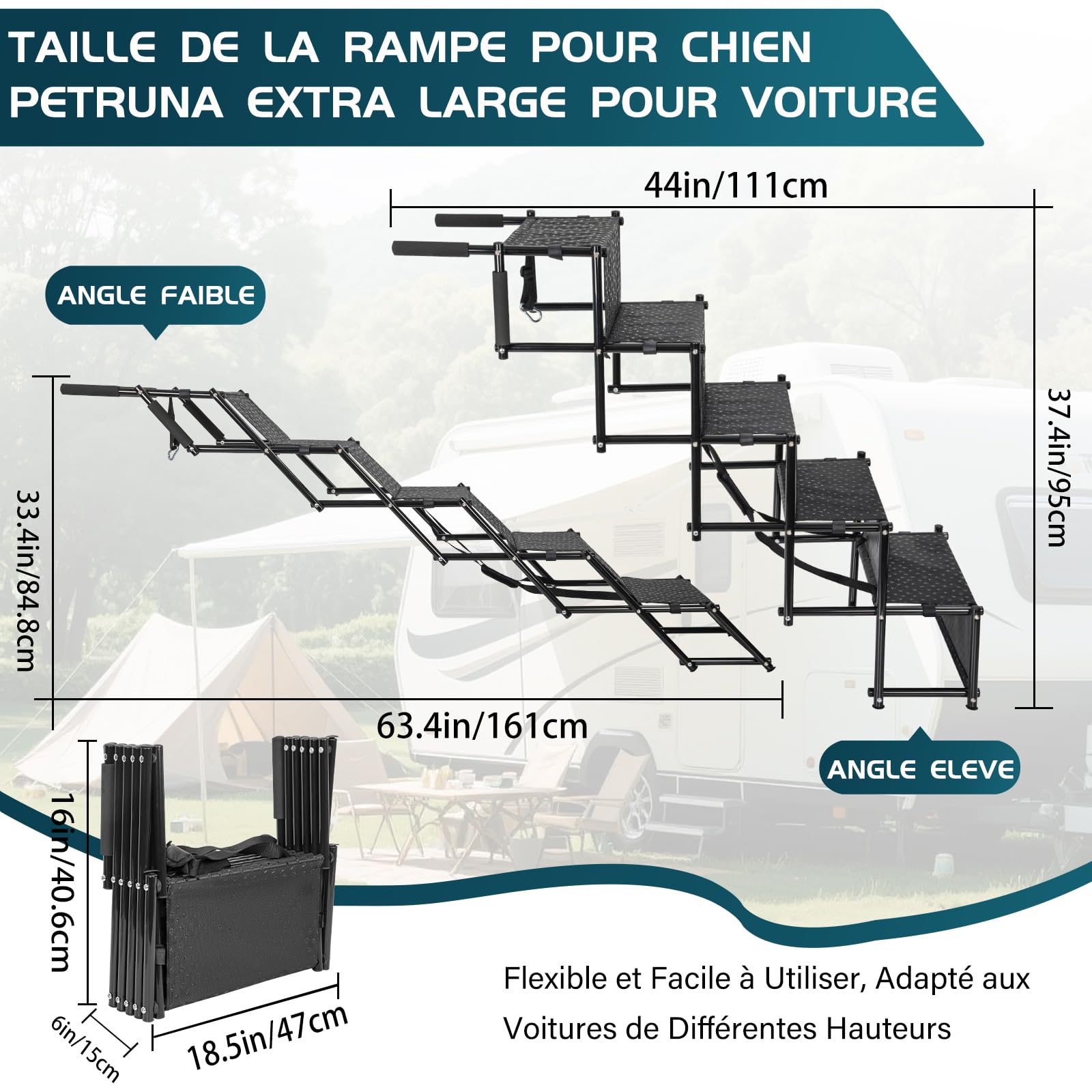 OUUTMEE Escalier pour Chien à 5 marches, Rampe Pliable avec Surface antidérapante, escalier pour Chiens Petits et Grands jusqu'à 80 kg, pour Voitures et SUV