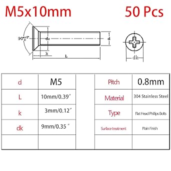 50 Pcs M5-0.8x10mm Flat Head Machine Screws, Phillips Cross Screw, Phillips Drive,304 Stainless Steel, Fasteners Bolts,Countersunk Machine Screws