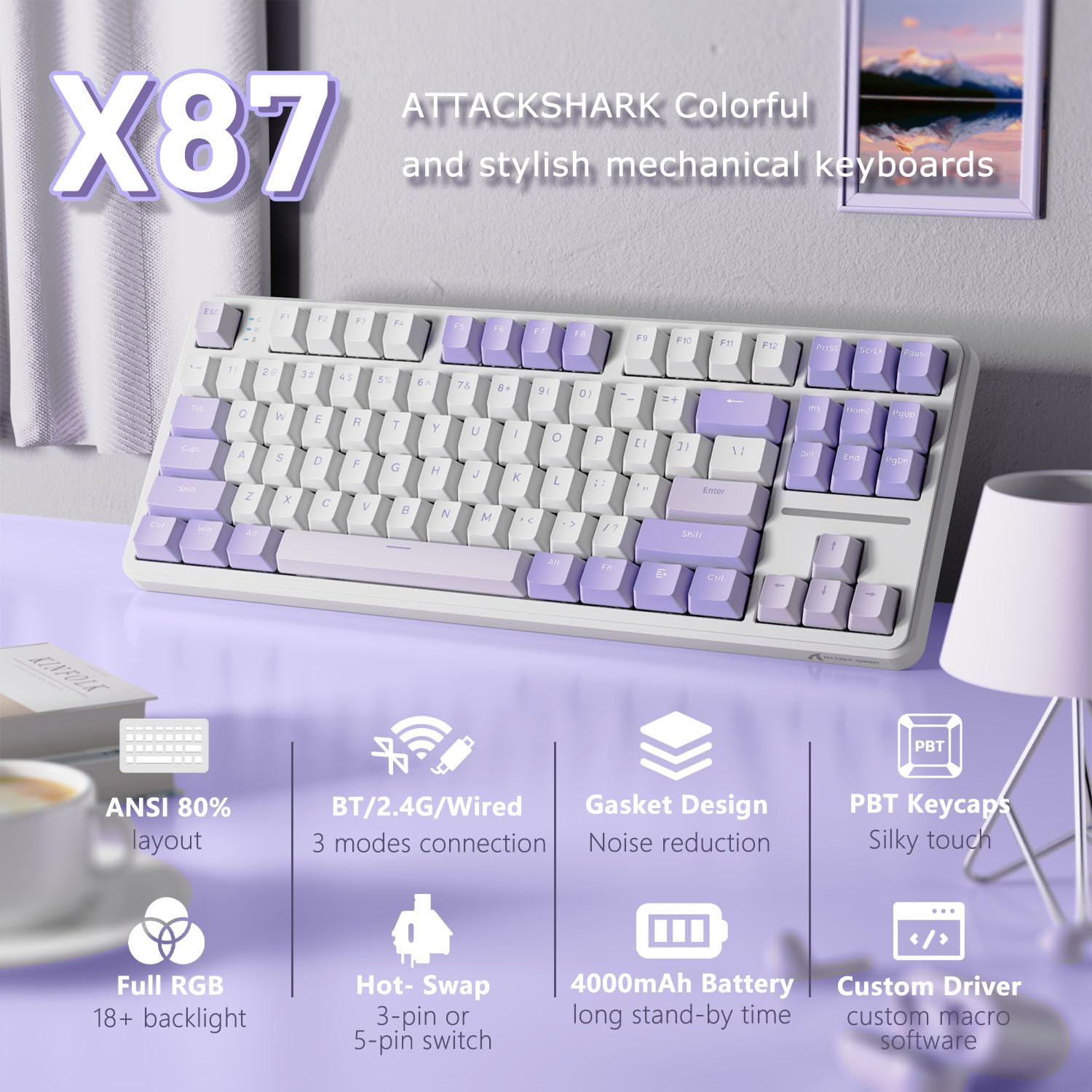 ATTACK SHARK X87 80% bezprzewodowa mechaniczna klawiatura do gier,BT5.0/2.4G/USB-C uszczelka Hot-Swap,oświetlenie RGB,4000mAh,przełącznik liniowy,nasadka klawiszy PBT do komputerów PC/MAC-Fioletowa