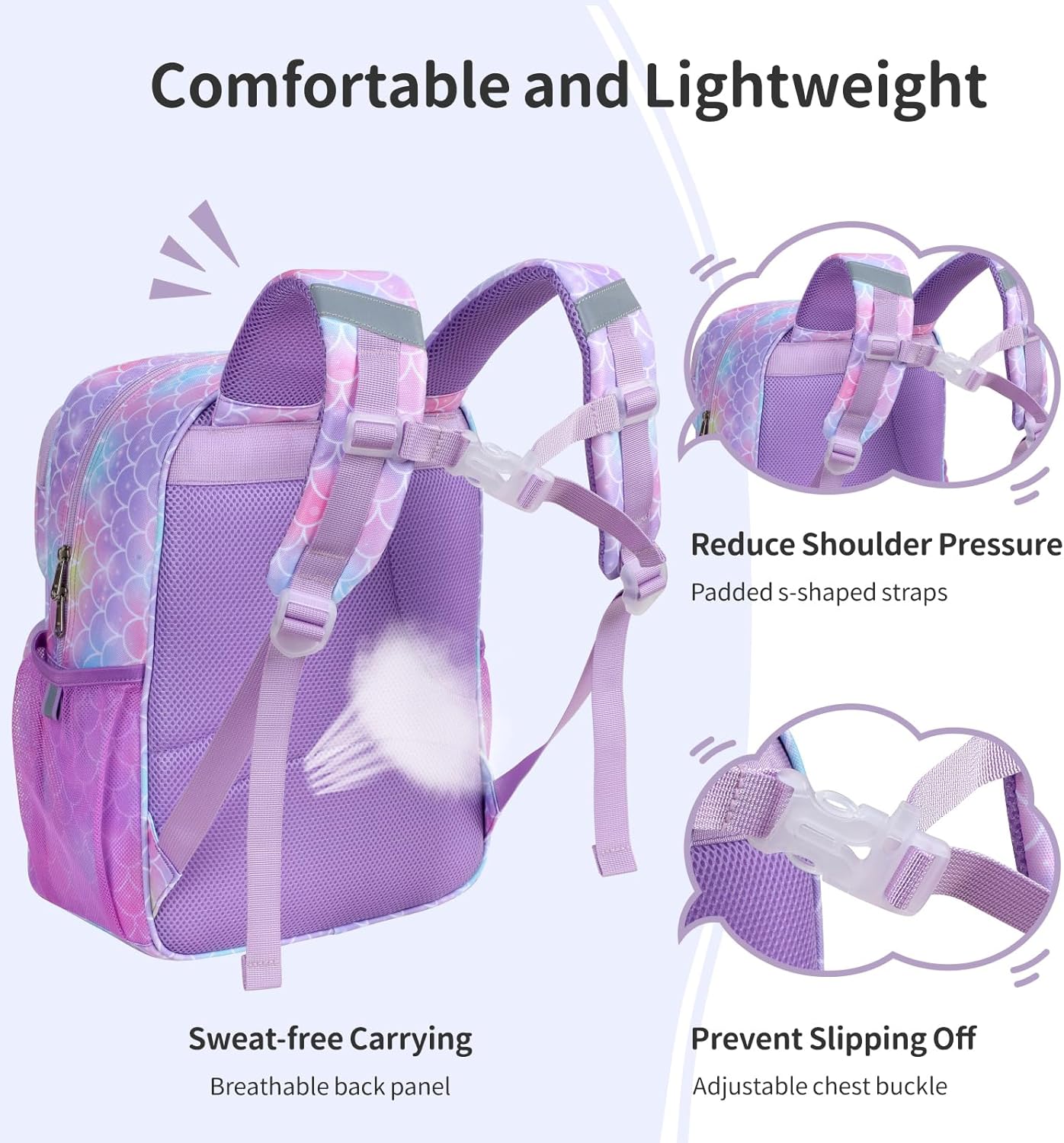 2pcs Kids Backpack for Girls 4-7 with Insulated Front Pocket, 15 Inch Backpack with Snack Bag, Kindergarten Bookbag Fits Folders, Reflective Safety Strips, Purple Mermaid - Image 3
