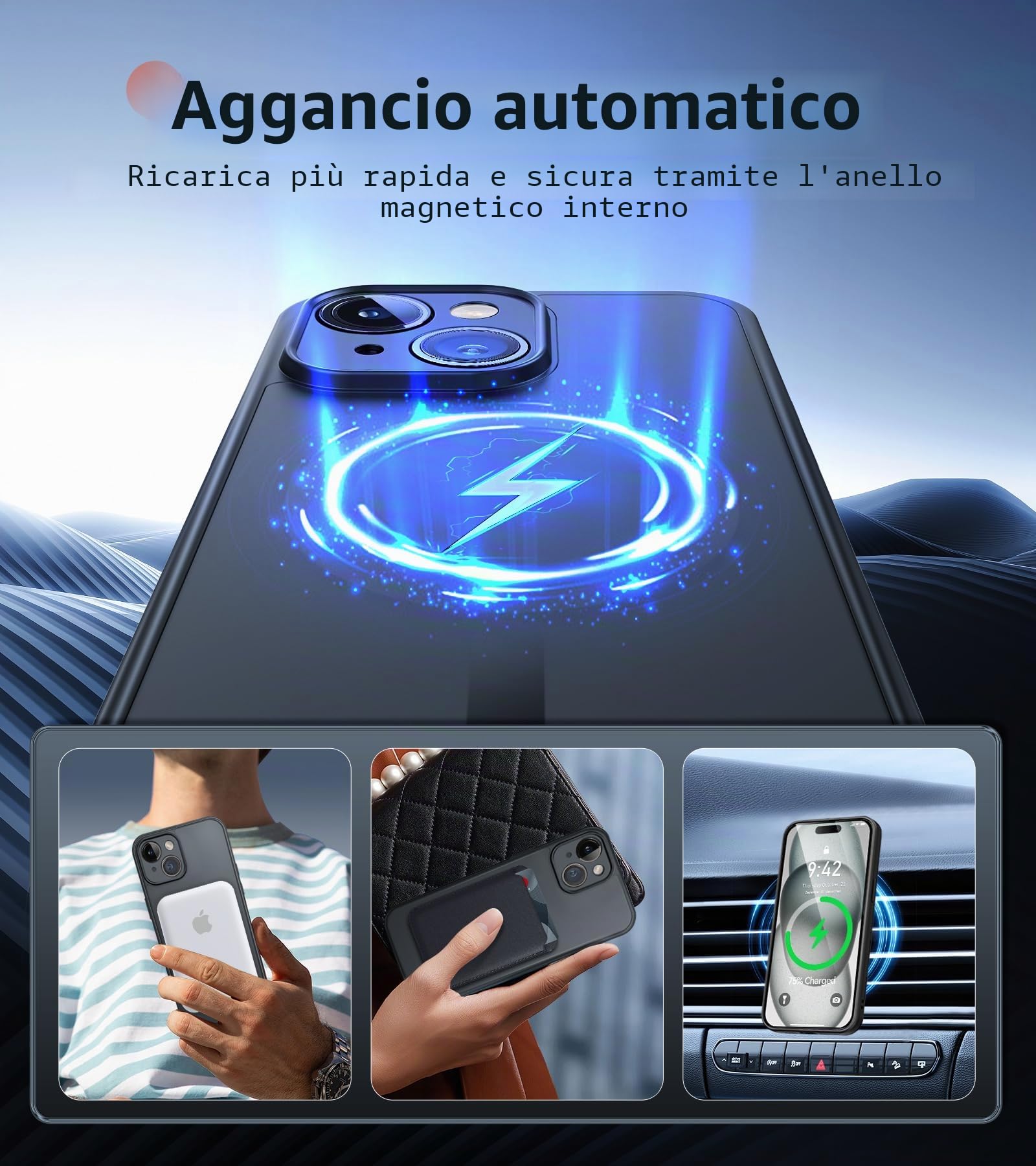 FLLAO Cover Magnetica per iPhone 15 Custodia e 2 Pellicole in Vetro Temperato, Cover iPhone 15 Compatibile con Magsafe, Custodia Traslucida Opaca Posteriore Sottile Antiurto Protettiva Case, Nero