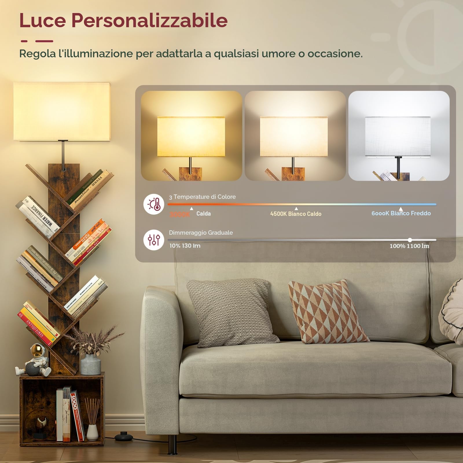 Libreria a Forma di Albero in Legno con Luce, Scaffale Autoportante a 9 Ripiani ad Angolo con Mobiletto – Libreria Salvaspazio per Libri, CD, per Soggiorno, Studio, Ufficio(Rustic Brown)