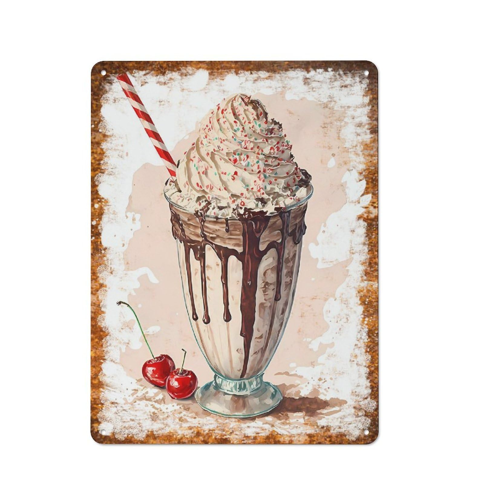 peiyeety Metal Tin Sign Chocolate Milkshake With Cherries Pattern Vintage Rustic Wall Art Kitchen Bathroom Bedroom Living Room Cafe Farmhouse Office Garage Home Bar Laundry Room Porch Patio 6x8 Inch