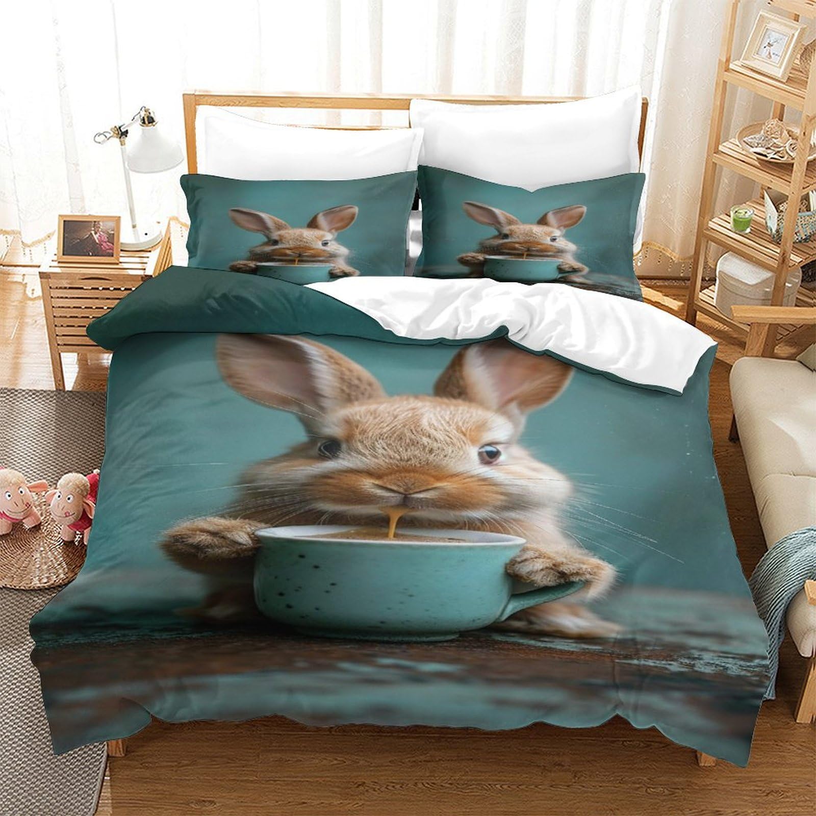 P1S9U7W5Y 3D Printed Cartoon Bunny Duvet Cover Set 3 Pieces Microfiber Bedroom Decor Animal Bedding Set for Adults Teens Soft Breathable King（220x240cm）