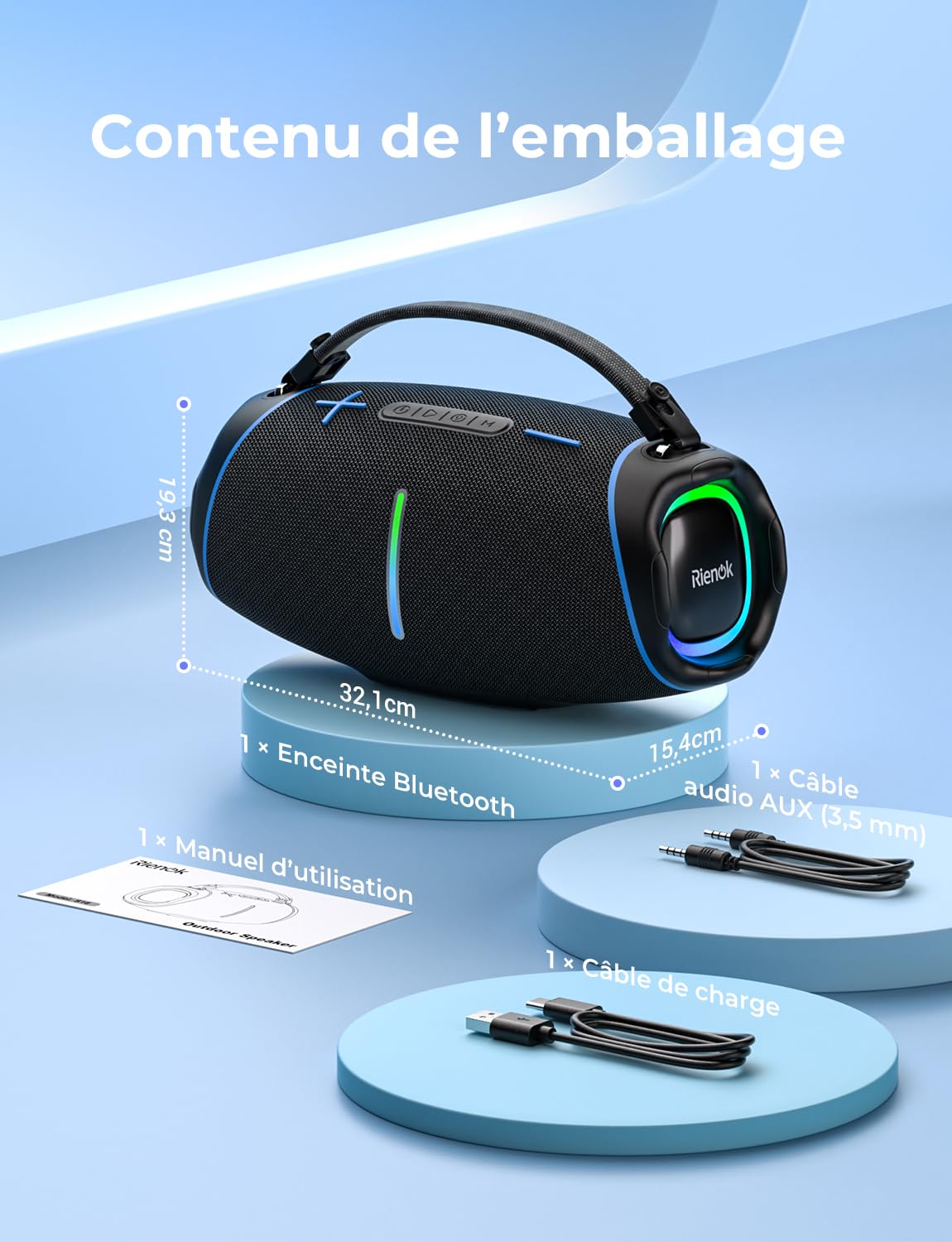 RIENOK Enceinte Bluetooth, 100 W Enceinte Puissante, 2 Tweeters et 2 Woofers, 5200 mAh Haut Parleur Bluetooth 5.3, 30H, IPX6, 128Go, Port Clé USB, AUX et TF Carte, pour Fêtes Soirées Voyage Extérieur