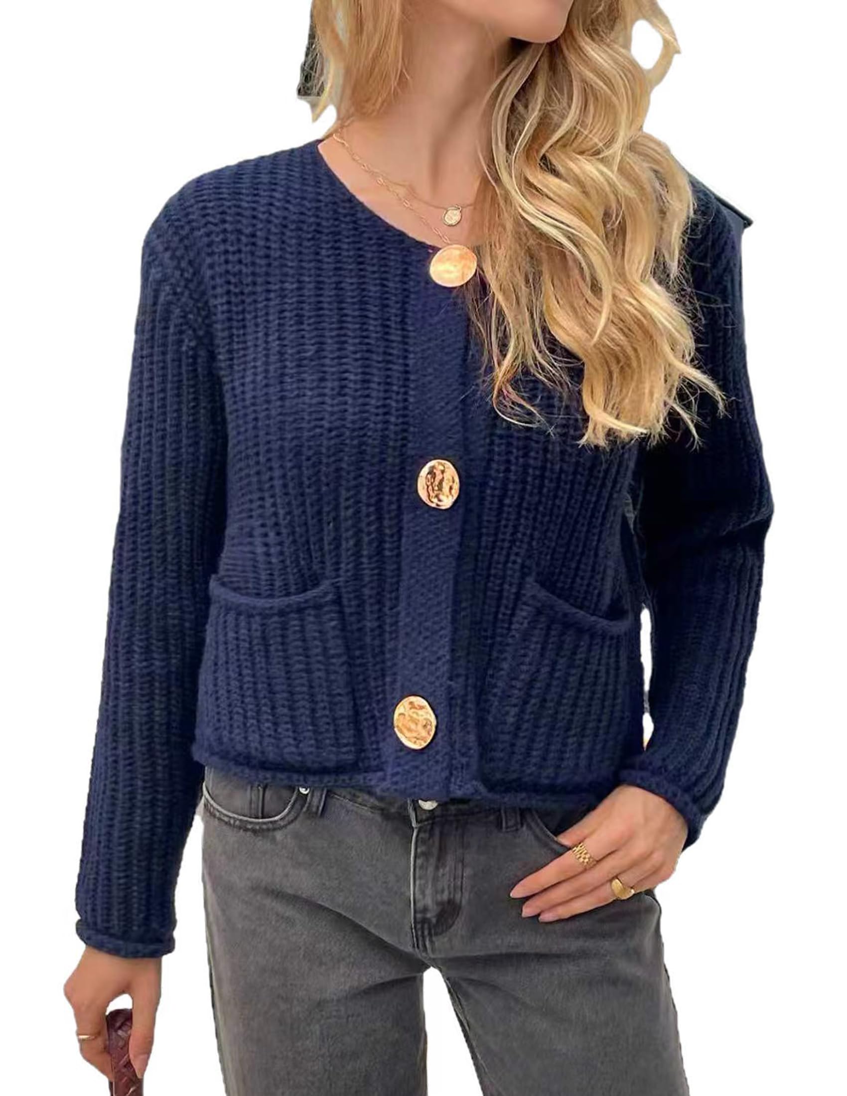Womens Oversized Chunky Cardigan Long Knit Sweater Coat with Lantern Sleeves and Buttons for Fall
