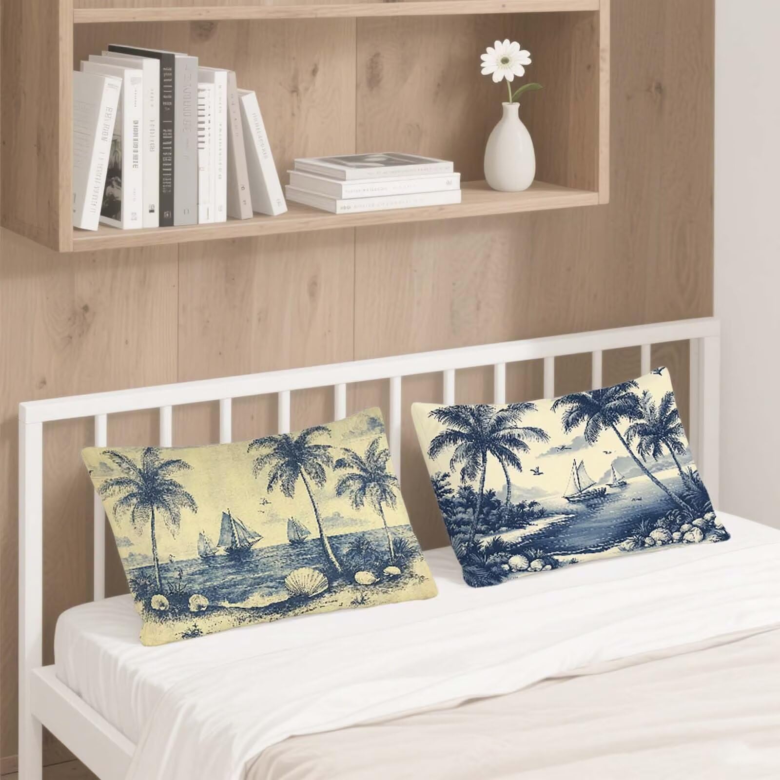 Federe Cuscini Divano 40x60 cm Set di 2 Blu Cuscini da Esterno Impermeabili Rettangolari, Alberi di cocco Decorativi Copricuscini in Lino Cuscino Divano, per Estate Giardino Soggiorno Letto K-2050