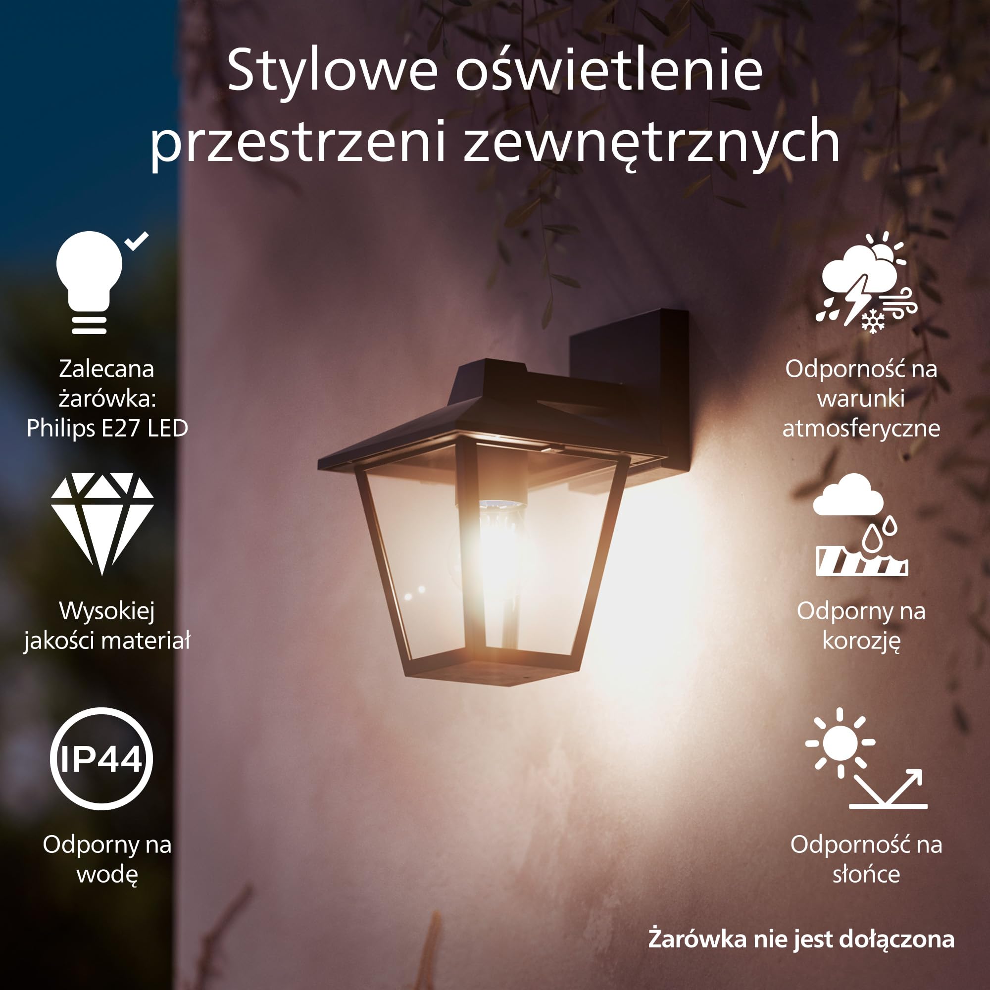 Philips Kinno Zewnętrzna Lampa Ścienna, Max 25W, Gniazdo E27, Czarna