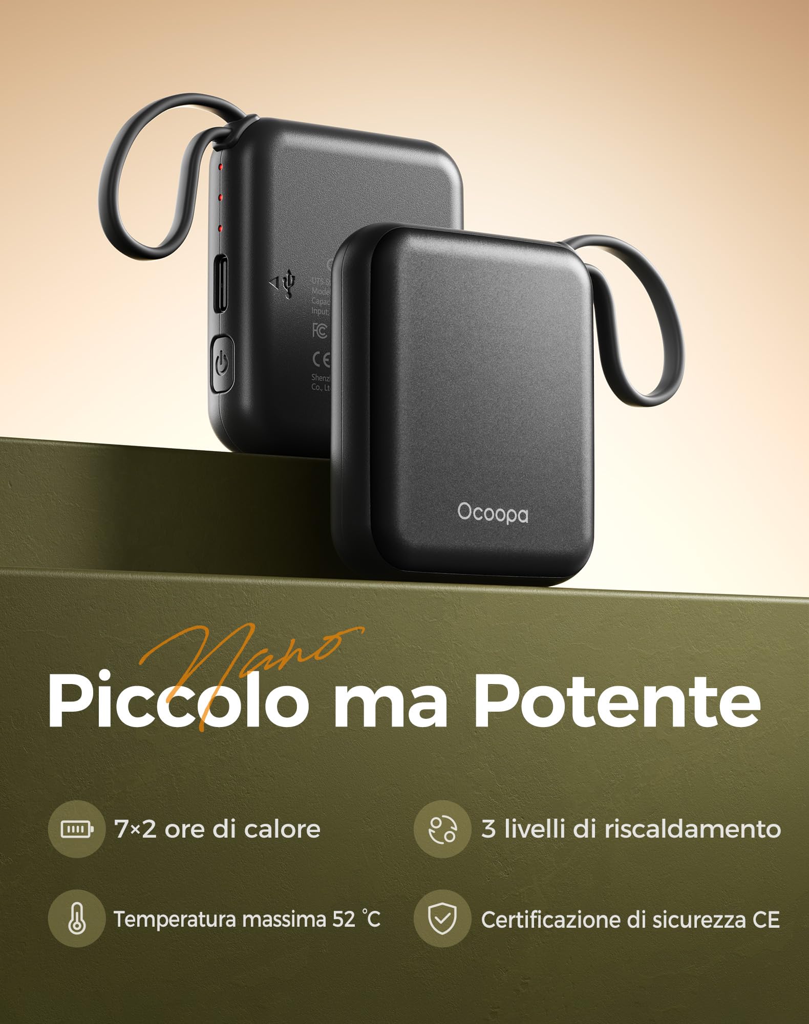 OCOOPA Scaldamani Elettrico 2 Pezzi, Portatile Scalda Mani USB Ricaricabile 4000mAh, 3 Livelli fino a 52°C, Utile Regalo di Natale, Ideale per Sci Invernale, Viaggi e Attività all’Aria Aperta,UT5 Nano