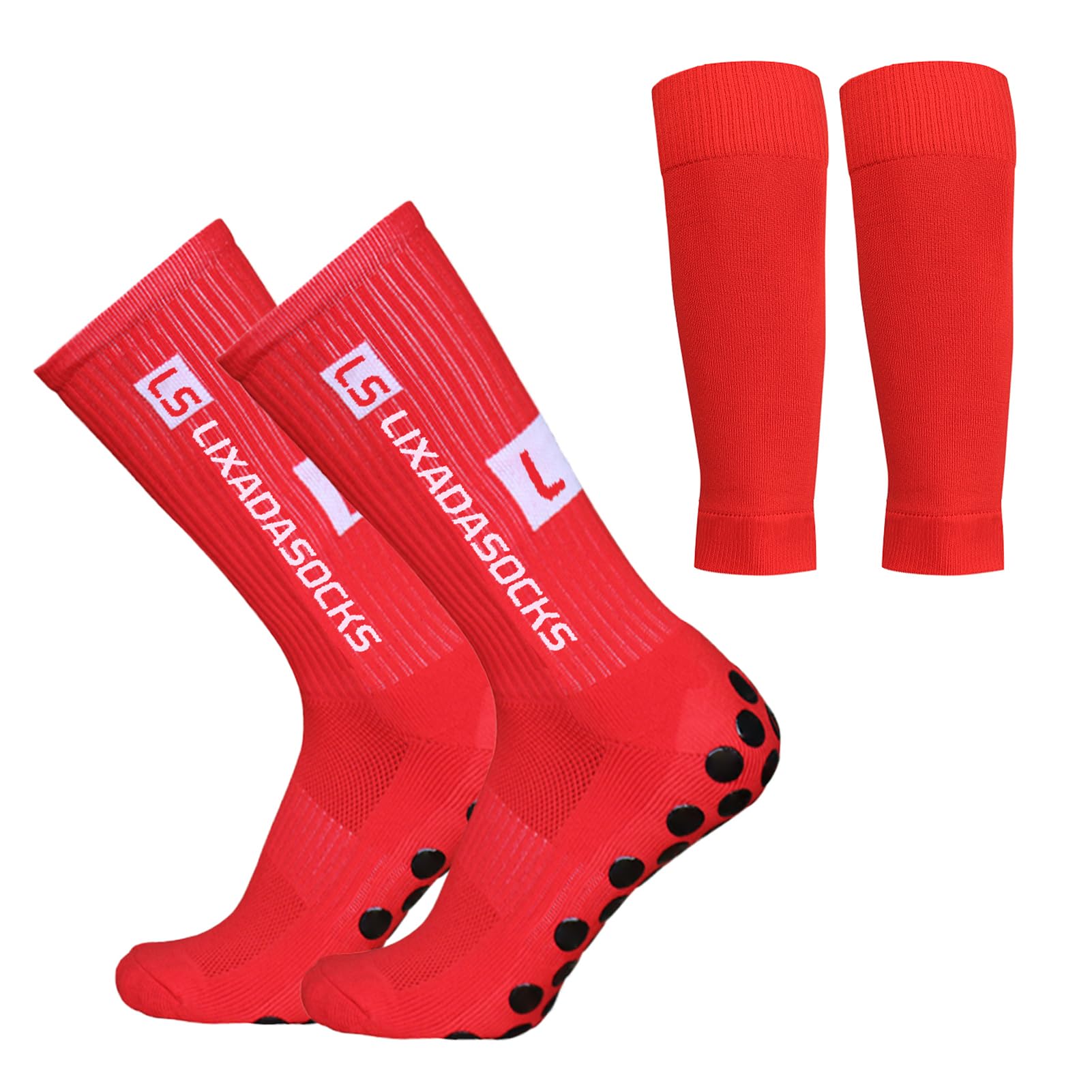 Lixada Juego de Calcetines de fútbol Antideslizantes y Mangas de Pantorrilla, Calcetines elásticos para Deportes al Aire Libre con agarres