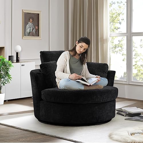 Oversized Swivel Accent Barrel Chair, 42'' W Chenille Upholstered Comfy Round Swivel Chair with Pillows, 360 Degree Modern Lounge Reading Sofa Armchair for Nursery, Living Room, Bedroom(Black)