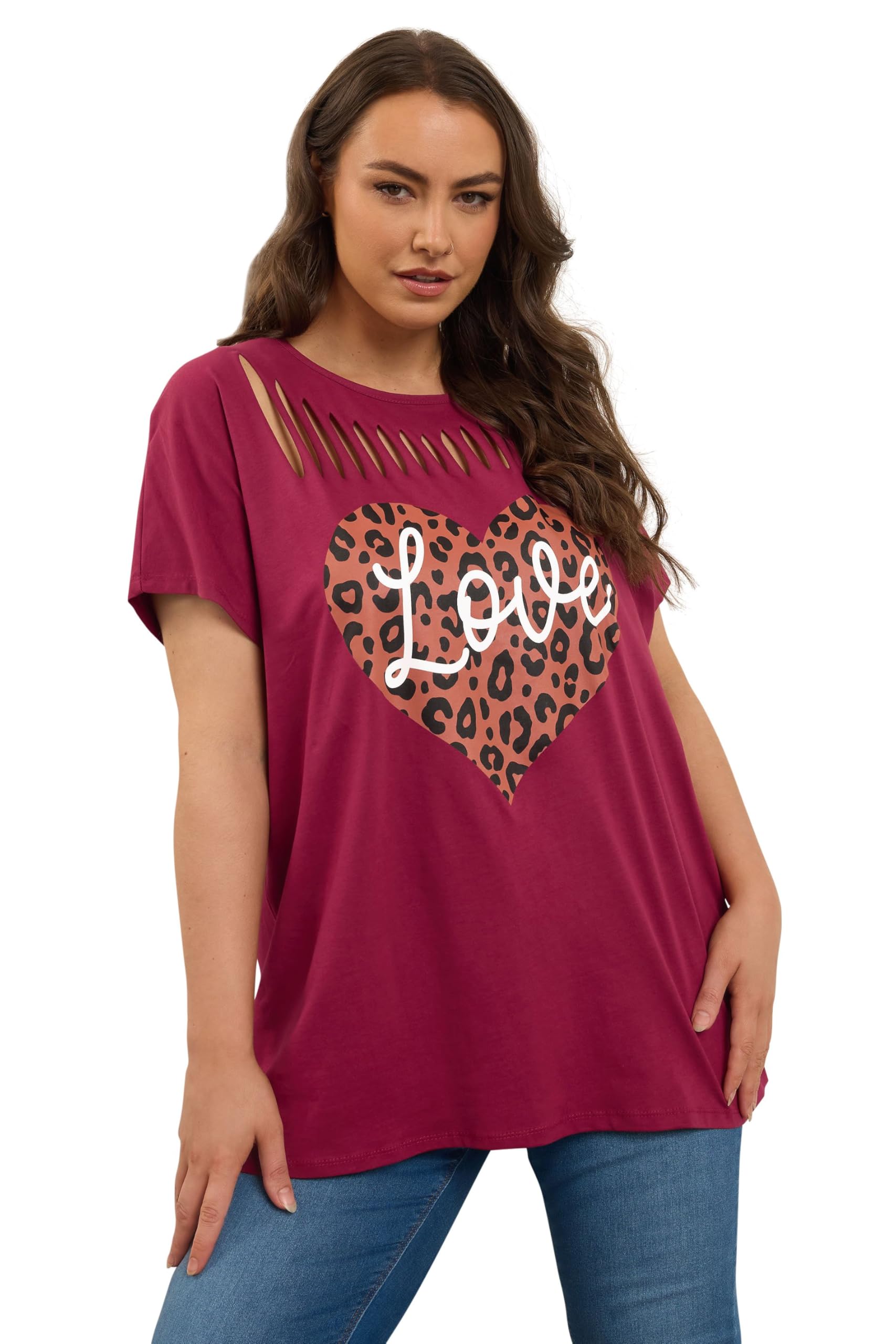 Yours Women's Red Leopard Heart Slash Detail Top In | Size: 26/28