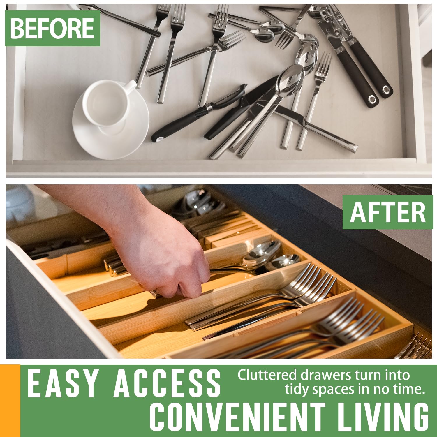 Organizer espandibile per cassetti in bambù con divisori rimovibili, vassoio regolabile da 38,1 a 55,9 cm per utensili da cucina, trucco e ufficio