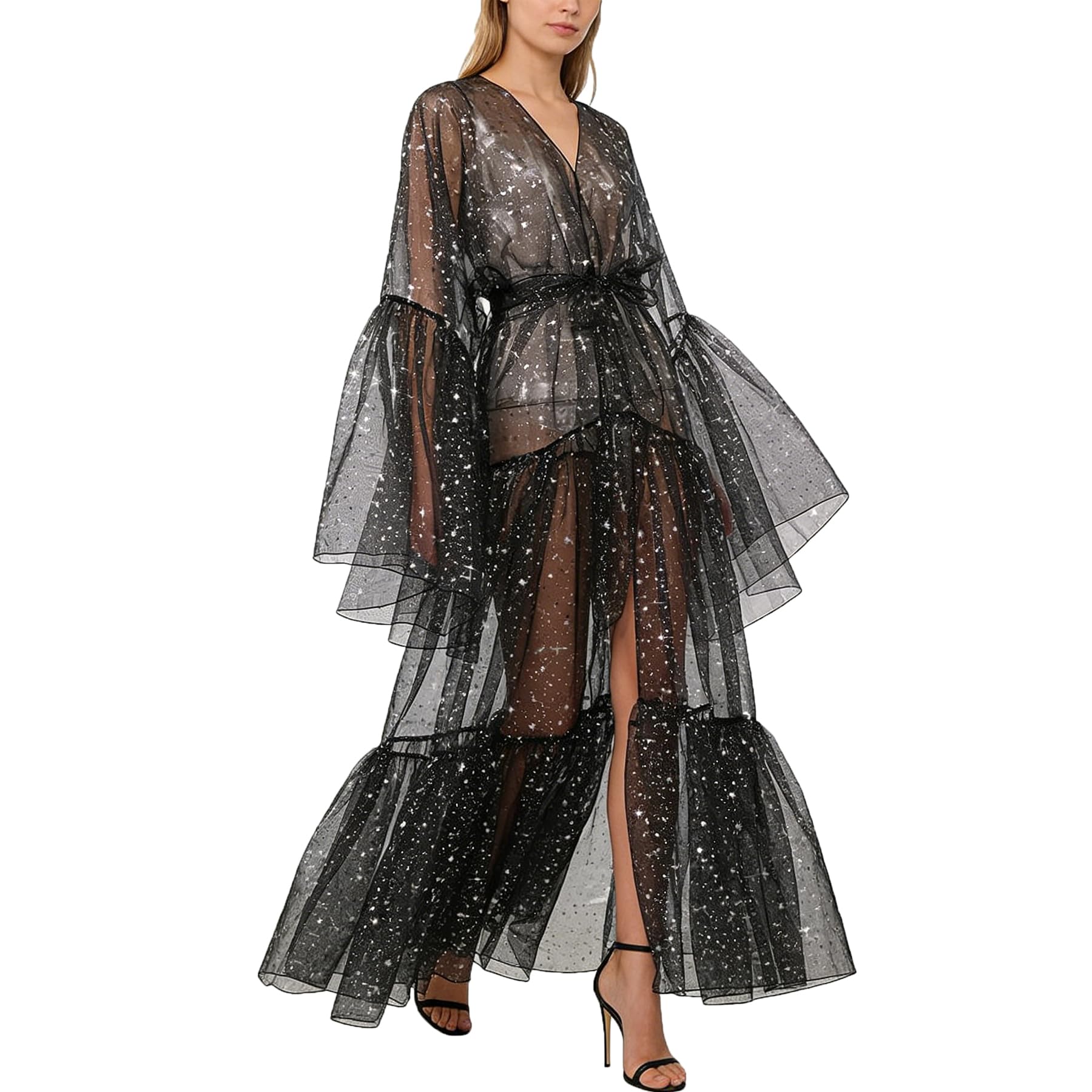 BPURB Damen Drag Queen Organza Glockenärmel Bademantel Morgenmantel Umstandskleid Fotoshooting Kimono Cardigan Bikini Cover Up