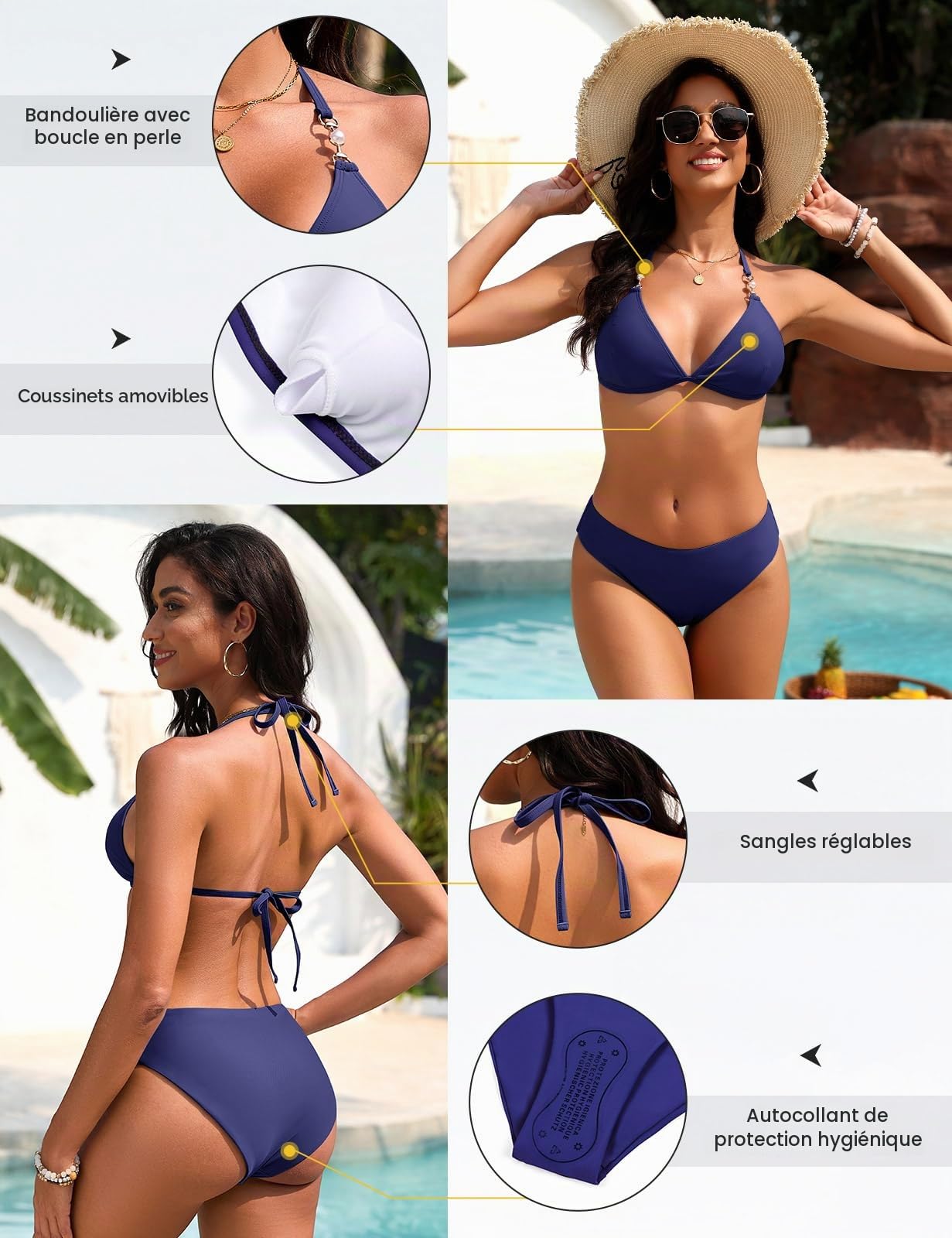 Maillot De Bain Femme 2 Pieces Bikini Deux Pieces Triangle Ensemble de Bikinis Rembourré Swimwear Sexy Col V Chic et Elegant avec Pearl Strings