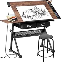 Superdeal Height Adjustable Drafting Table with Stool, Charging Station & 2 Drawers - Tilting Artist Desk for Crafts & Home Office