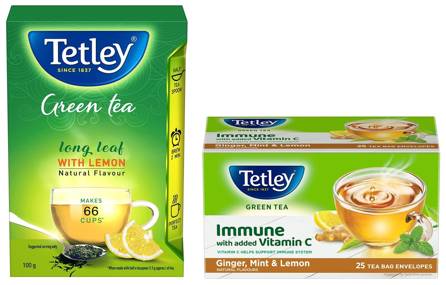 Ginger, Mint & Lemon Flavored Green Tea | Immune with Added Vitamin C | 25 Tea Bags & Tetley Long Leaf Green Tea, Lemon, 100g