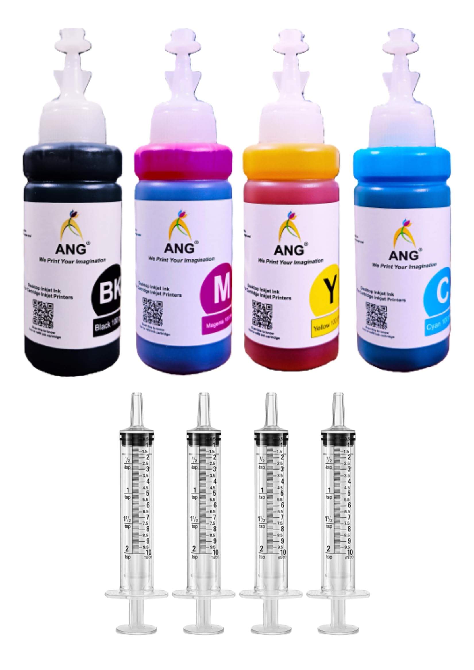 ANG Refill Ink Kit | Compatible with MG2170, MG2270, 2570s, MG3170, MG4170, MG5170 | 100g x 4 Bottles with Syringe