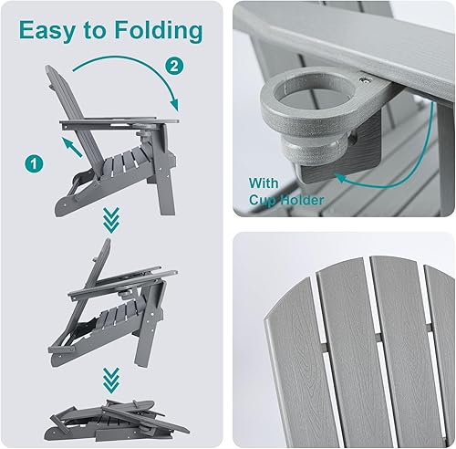 Miniatura 5 de Silla Adirondack plegable, silla de patio plegable para todo tipo de clima con portavasos, silla para hoguera de polietileno de alta densidad al