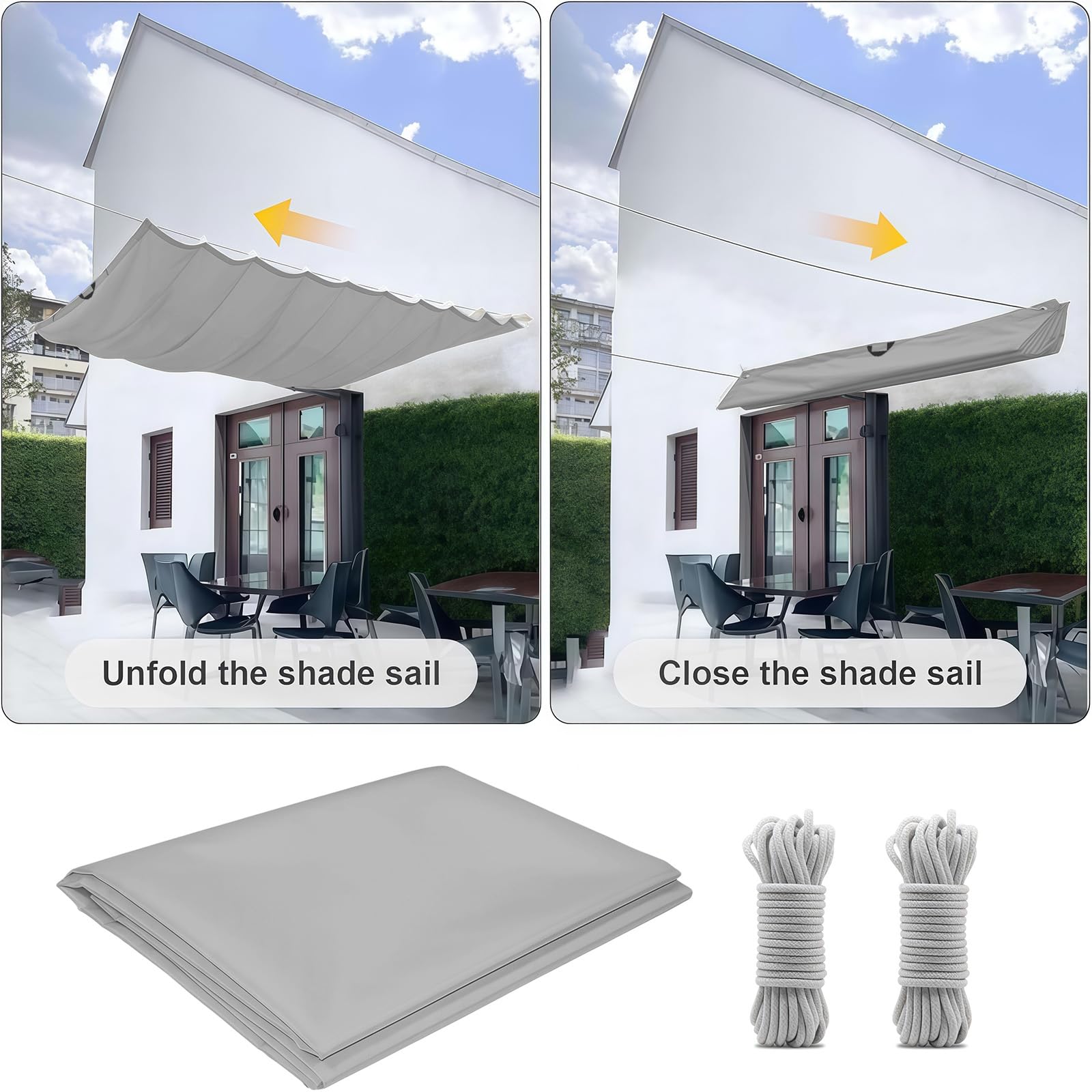 Sonnensegel Einziehbar Welle 2 x 11 m Nach Maß, Sonnenschutz, Wasserdicht, 98% Uv-Schutz & Reißfest, Garten Verstellbar Schutz mit Zugseil & Ösen für Garten Terrasse, Hellgrau