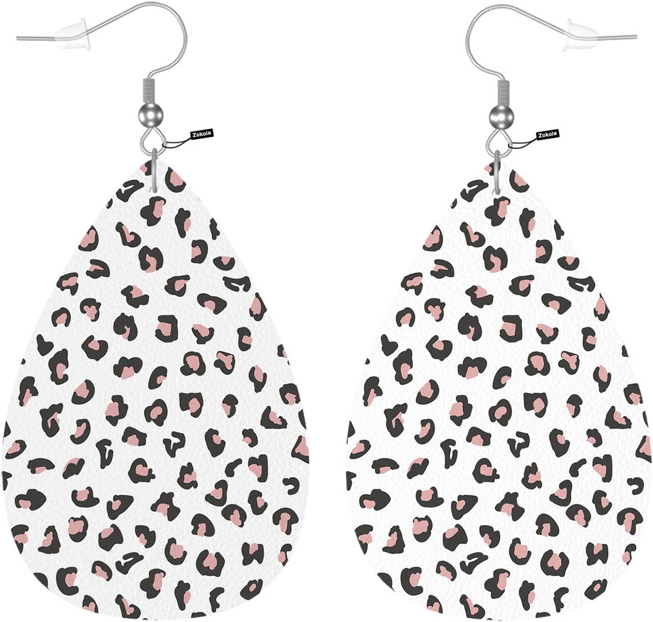 Zokola Leopard Print Water Drop Earrings, Cute Animal Pink Spots Leopard Skin Fur Dangle Earrings Jewelry Teardrop Leather Earrings For Mom Sister Friends