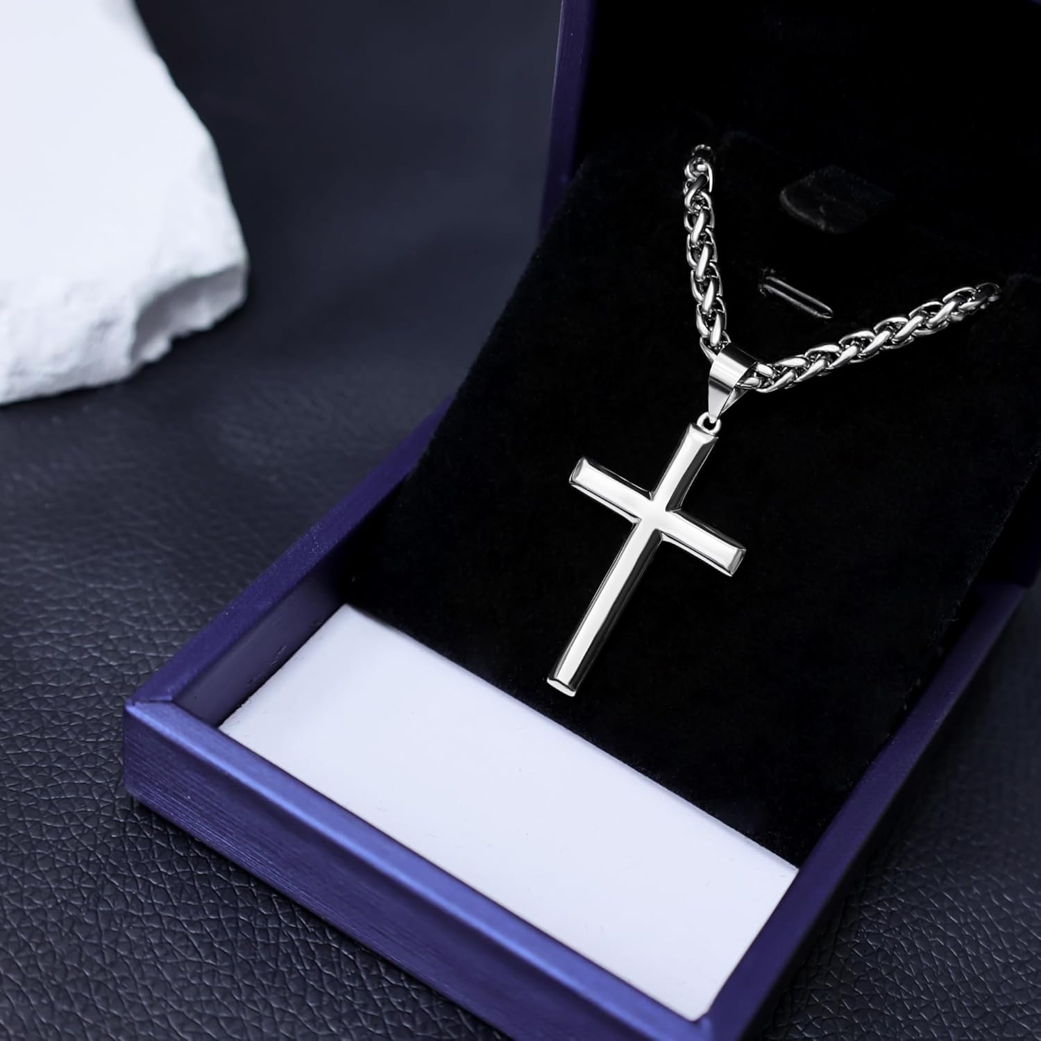 925 Sterling Silver Cross Necklace for Men Women 4mm Stainless Steel Strong Durable Wheat Chain 18K White Gold Plated Beveled Edge Cross Pendant Necklace Jewelry 16-28 Inches - Image 6