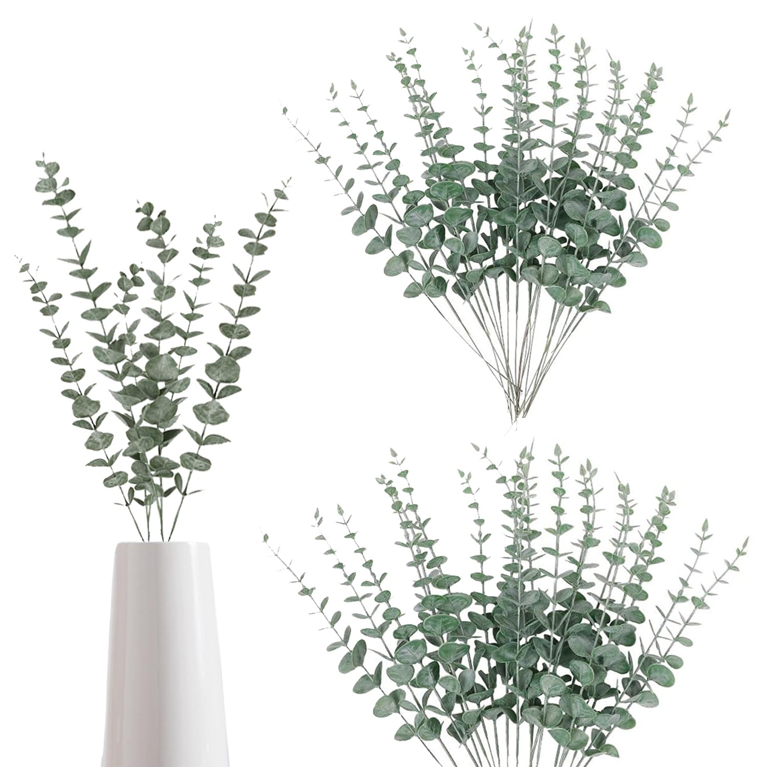 RHQFDM 30 Pcs Green Artificial Eucalyptus Branches,Winter Frosted Lifelike Faux Eucalyptus Stems,38cm Artificial Branches Leaves,for Balconies,Gardens,Christmas Decorations,and DIY Wedding Bouquets