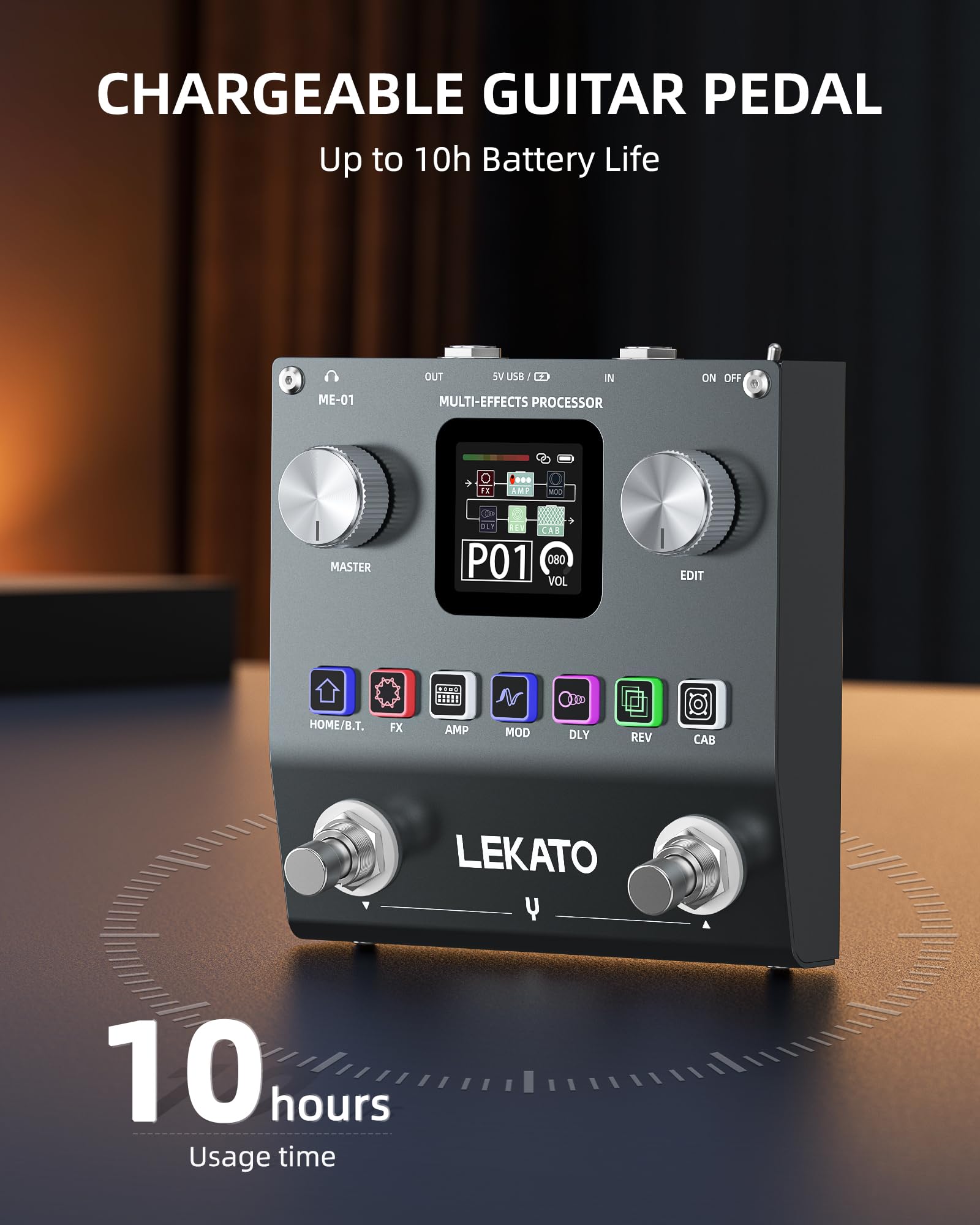 LEKATO Pedal Multi-Efectos para Guitarra,Procesador de efectos para bajo recargable con 6 módulos de efectos, 80 presets editables,Edición APP,Carga IR,Grabación OTG,Función BT