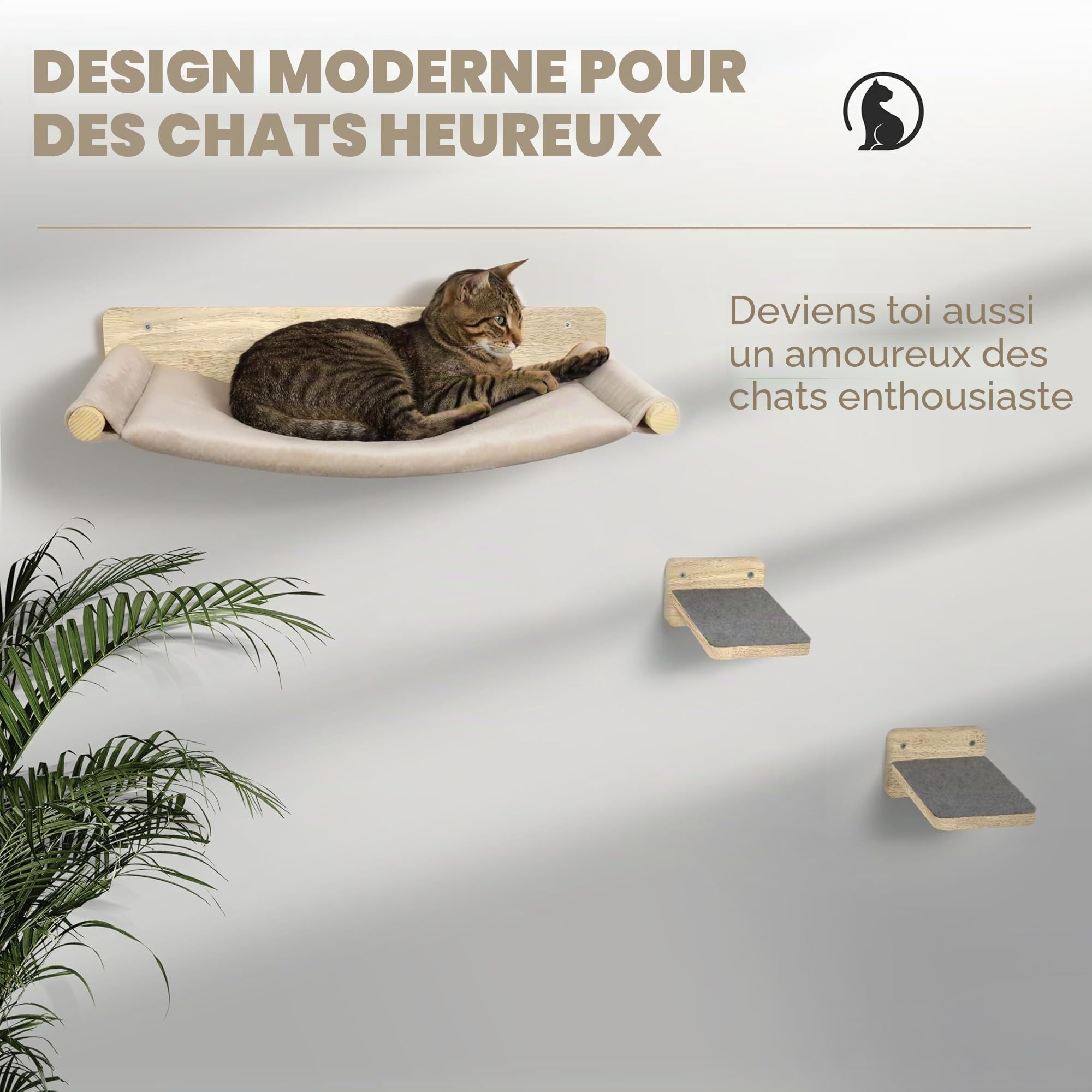WOOWOOD Arbre à Chat Mural avec hamac, 2 escaliers muraux, Parcours Mural pour Chat intérieur, Bois, Naturel foncé