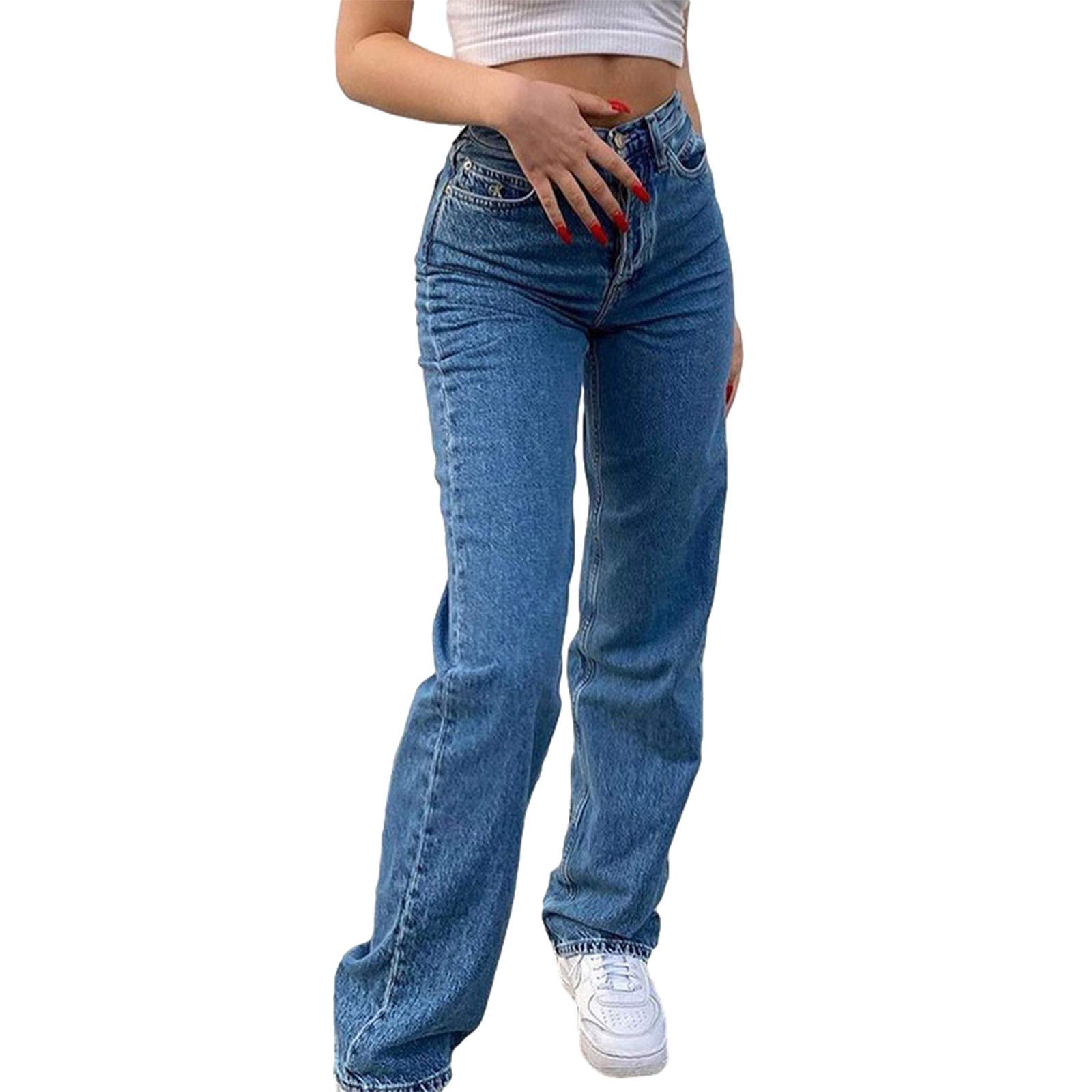 SUPJANWomen Y2K Fashion Casual Distressed Jeans,Girls High Waist Wide Leg Straight Ripped Pants Denim Baggy Trousers Streetwear with Pocket (#7Dark Blue, Medium)