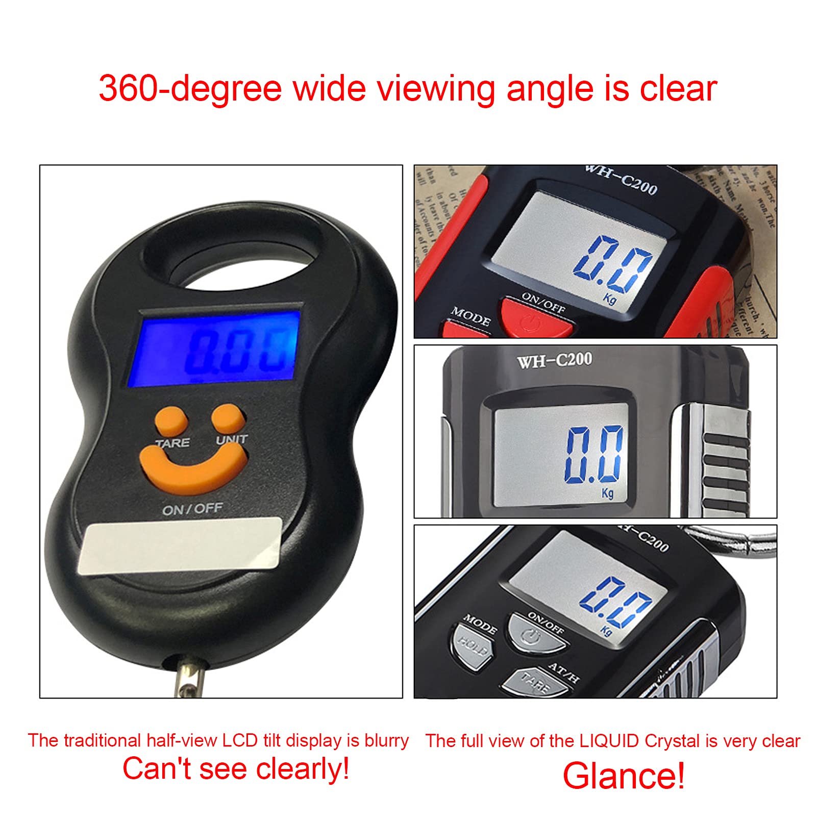 Fdit Bilancia per Gru 440 Libbre/200 kg, Mini Bilancia Digitale Sospesa con Gancio in Acciaio Inossidabile, Display LCD e Bilancia 0,1 kg per la Pesca, i Bagagli, la Caccia All'aperto(Rosso)