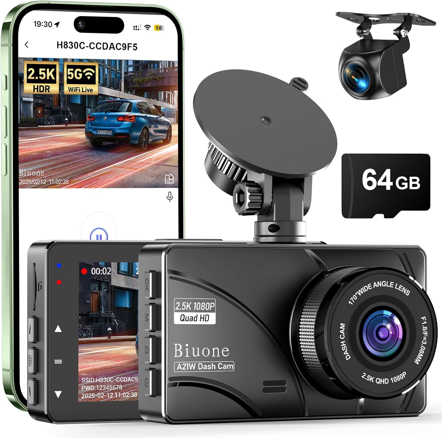 Dash Cam Front and Rear, 2.5K Dual Dash Camera for Cars W/ 64GB Card,3″ IPS Screen Dash Cam Built-in 5G WIFI, Car Camera with G-Sensor, Loop Recording, Night Vision, 24H Parking Monitor,170°Wide Angle Dash Cam Front and Rear, 2.5K Dual Dash Camera for Cars W/ 64GB Card,3″ IPS Screen Dash Cam Built-in 5G WIFI, Car Camera with G-Sensor, Loop Recording, Night Vision, 24H Parking Monitor,170°Wide Angle